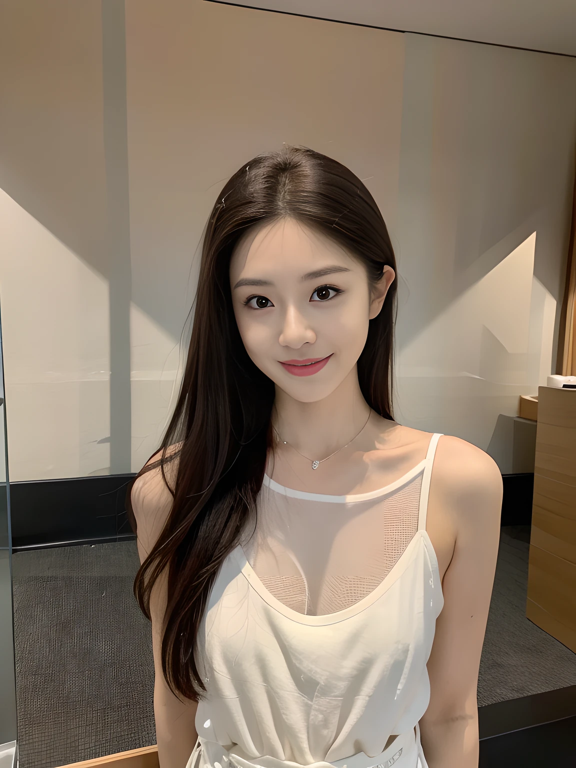 A girl of about 28 years old,simplicity,Extremely beautiful and delicate,(light make-up),Black color hair,A sweet smile,Delicate and beautiful fair skin,Realistic and realistic,exquisite and complete facial features,Detailed depiction of the face,tall nose bridge,Red lips,Beautiful, gentle and beautiful girl,Smooth hair,extremely detail hair,Feminine temperament,Fill your face light,hyper realisitc,photorealestic,8K quality,extremy detailed,Realistic details,Works of masters,Realistic to the extreme,big breasts body,Beautiful,Pure desire,Stunning beauty,Peerless beauty,Highest image quality,8K分辨率,goddes,ssmile,Fine facial features,Hair over the shoulder,A brown-haired,Large long thick legs,(((High-waisted French top))),(((short skirt))),rays of sunshine,facing at camera,The body is well-proportioned and firm,Gentle eyes,Exposing thighs,stand posture,Stand inside the mall,Full body photo