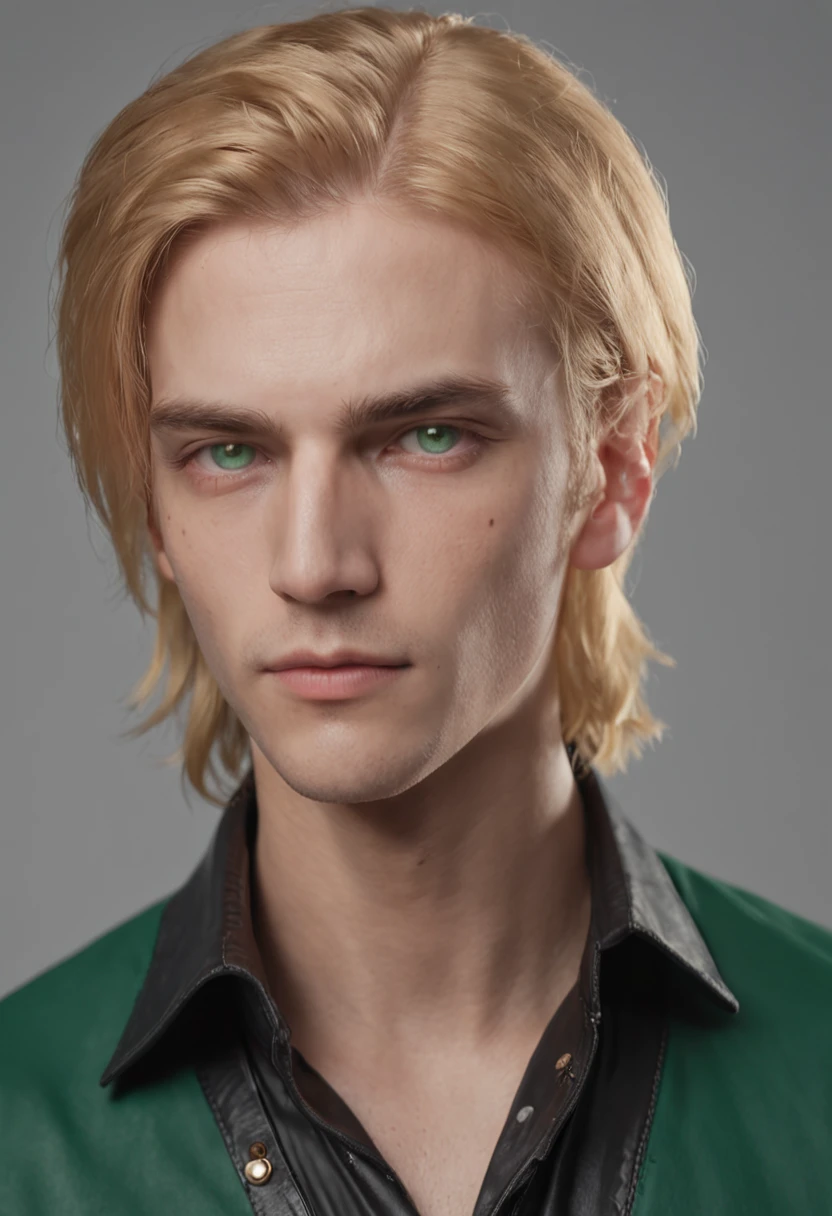 boy,Handsome,k hd,golden hair,Hair has white dye,There are two moles under the right eye,Emerald green eyes,motorbiker,Cyberpunk style,photorealestic,mid - length hair
