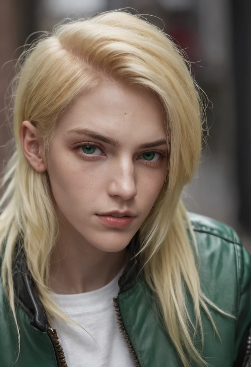 schoolboy,Handsome,k hd,golden hair,Hair has white dye,There are two moles under the right eye,Emerald green eyes,motorbiker,Cyberpunk style,photorealestic,mid - length hair