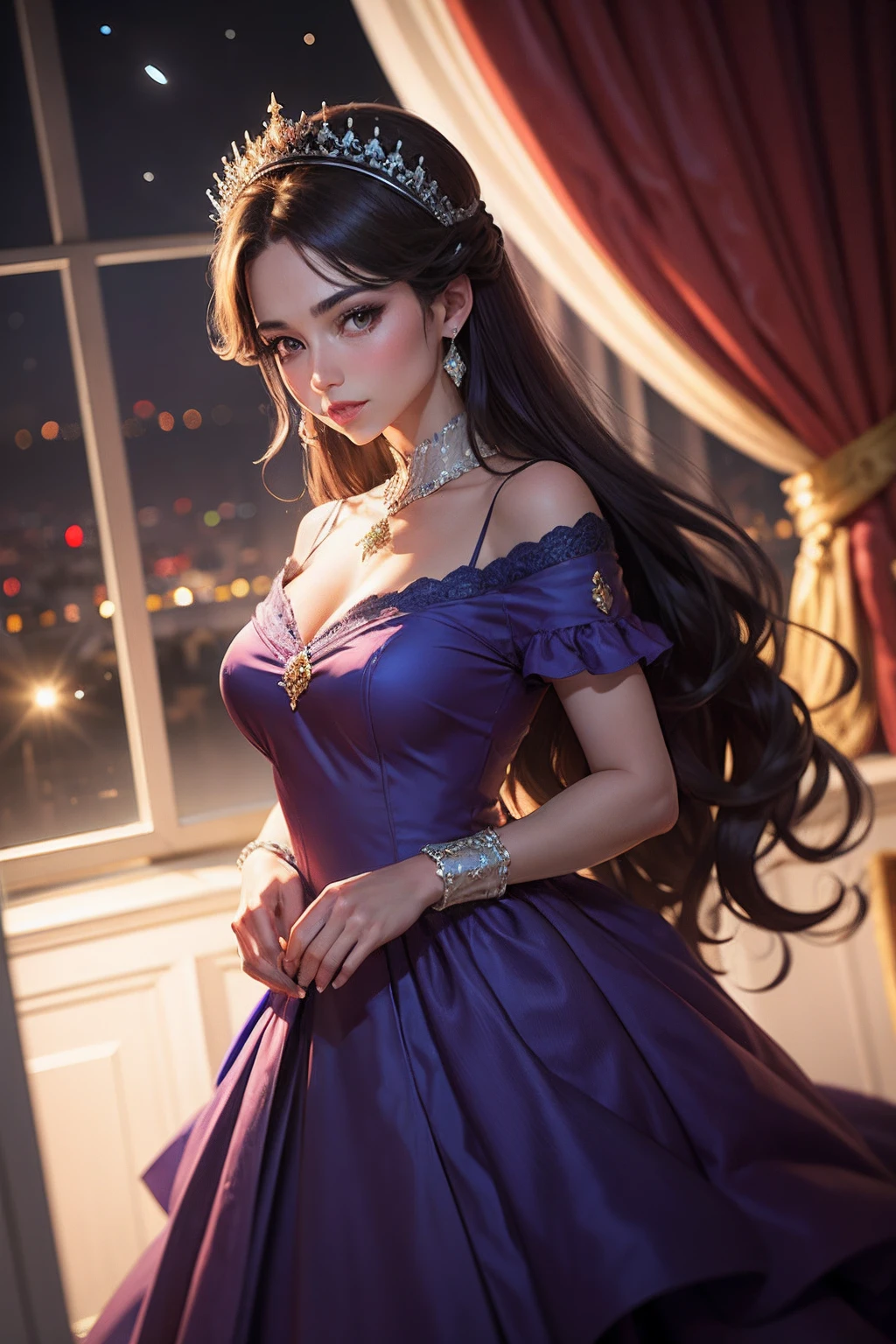 girl, located in the corner, looking at the sky, solo, Mona (Genshin Impact), choker, hair between eyes, star (symbol), long hair, dark purple hair, twintails, blue eyes, shining eyes, jewelry, witch, maid, bangs, purple black dress, purple skirt, panties showing, white apron, landscape, night sky, star (sky), starry sky, night, outdoor, clouds, reflection, water, magic, tarot, water magic, ((beautiful golden crystal star)),  space, water droplets, splash