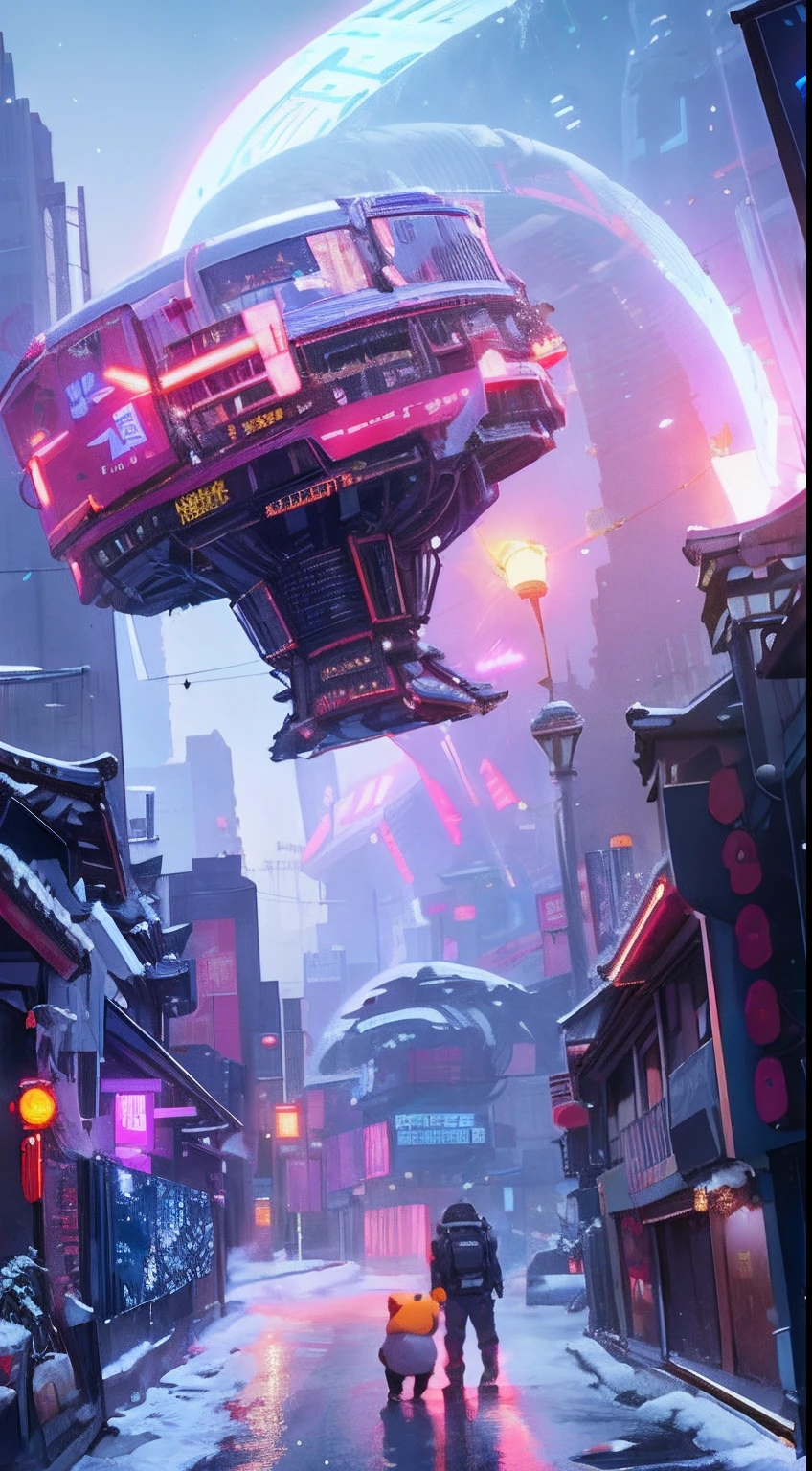 Cyberpunk returns,pandas,Chengdu, sichuan,Ancient buildings,pylons,alley,snow mountains,sci-fi vibes,Huge sense of contrast,lamplight,Pillars of light soared into the sky,High-precision illustration,SENSE OF CINEMA,火焰,Snow,cyber punk perssonage,nevando,City lights