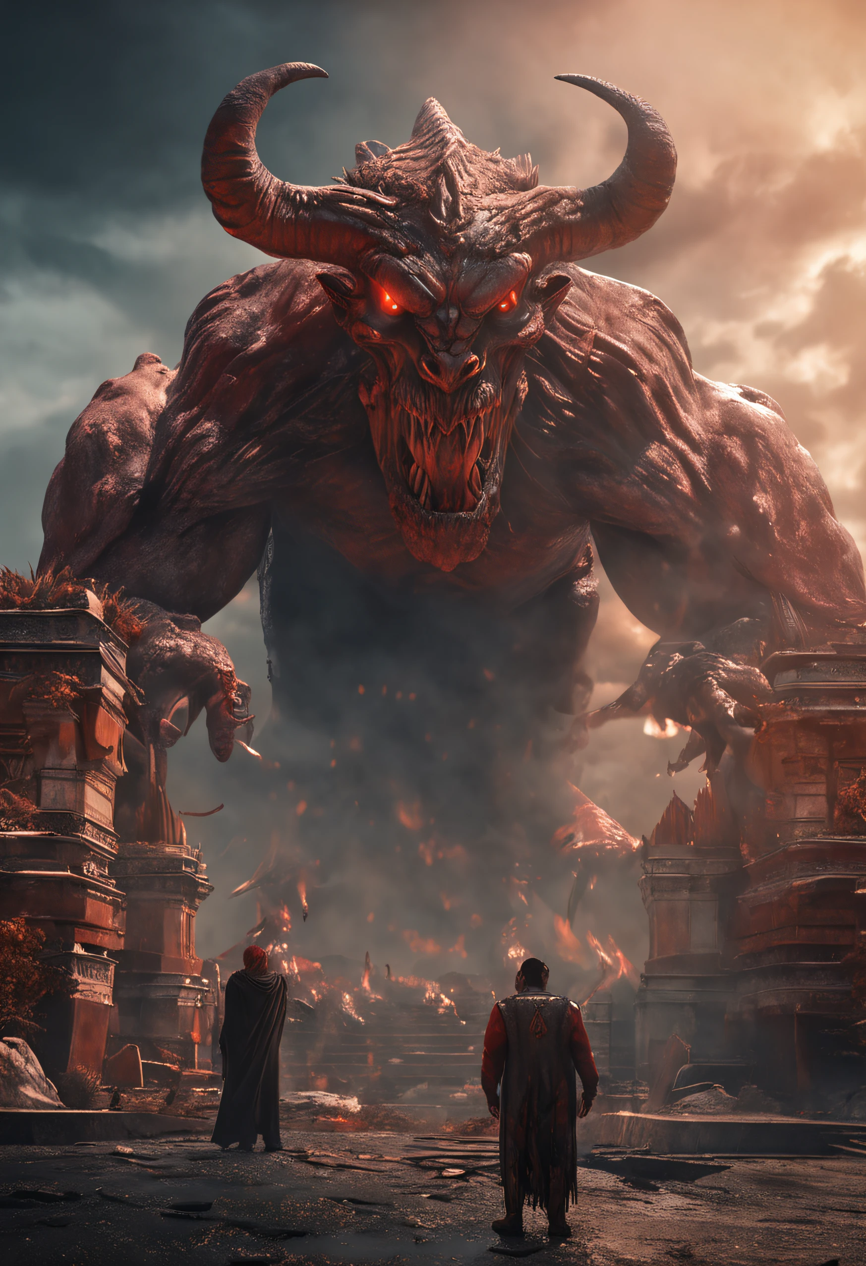 (professional 3d render:1.3) af (Realistic:1.3) The most beautiful artistic photo in the world,It features evil demons falling from bright skies, ((Lucifer, Evil hell demon, Something to do with humans on Earth, Next to the beauty. , Fantastic location, Majestic and cluttered environment)), Full body 8K unit rendering, action shot, skin pore, very dark lighting, heavy shading, A detailed, Detal Face, (vibration, Realistic photography, Realistic, Dramatic, darkly, foco nítido, 8K), ((((Use skins)))), (复杂:1.4), decadent, (highly detailed:1.4), digitial painting, rendering by octane, art stations, concept-art, Liso, foco nítido, illustration, From the germ of art, (loish:0.23), wlop ilya kuvshinov, e Greg Rutkowski e Alphonse Mucha Gracias, (global ilumination, studiolight, Light volume), lotr, fanciful, biz, Inteiroesbian body, ((Dark and ancient city background:1.3)),CGSesocieda,art stations
