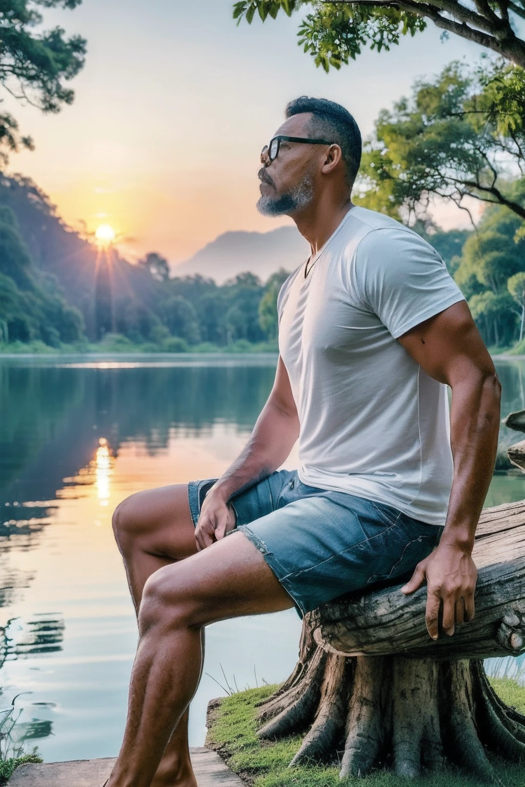 guttovendo1, Create an extraordinarily realistic image of a man, wearing glasses and dressed in a white t-shirt and denim shorts. He is seated on a tree trunk beside a serene and tranquil lake, basking in the beauty of the sunrise. The scene should be rendered with an exceptional level of detail, capturing the fine nuances of the man's appearance and the tranquil atmosphere of the setting. The resolution should be in stunning UHD, 8K, ensuring remarkable clarity and precision.