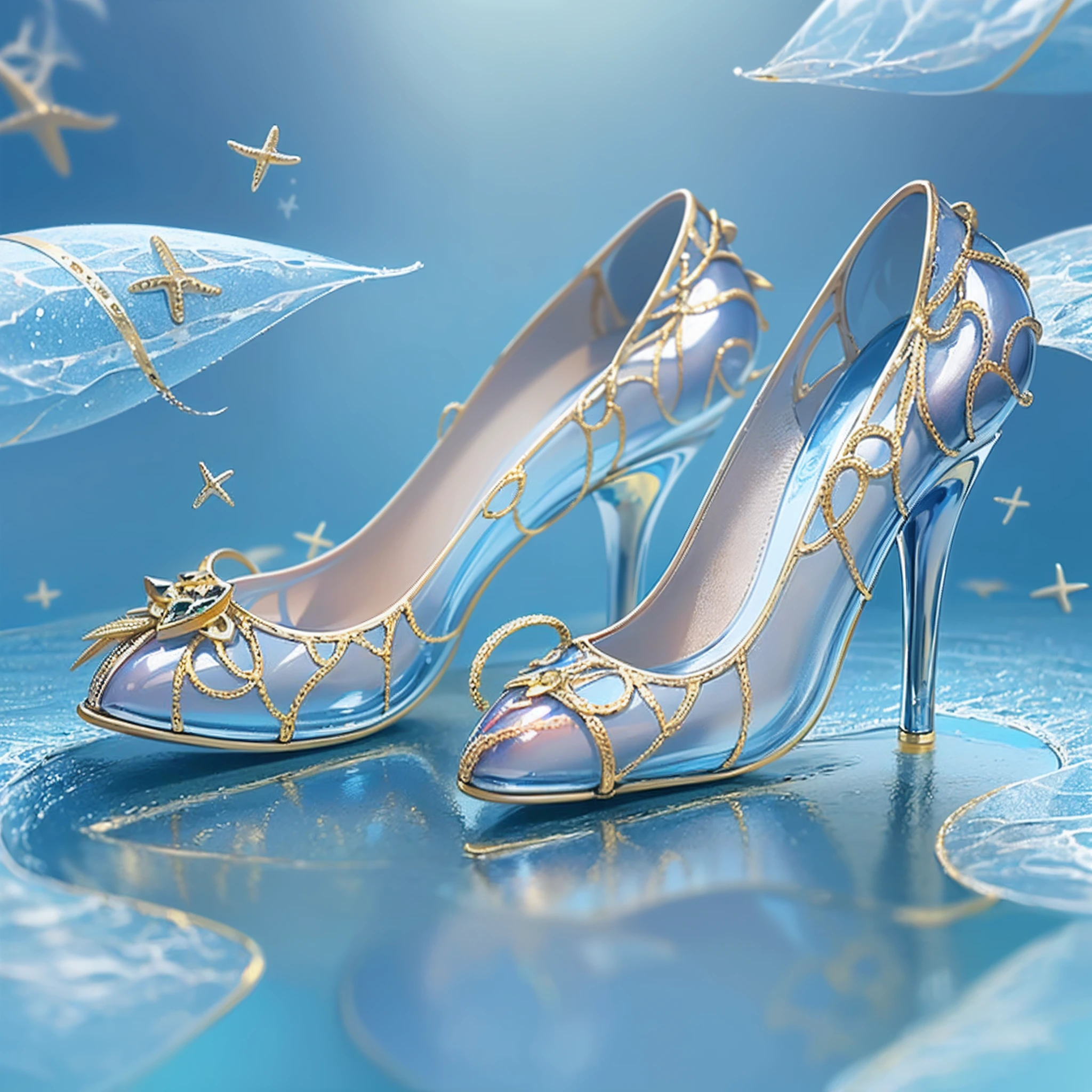 A pair of high heels，without humans，(Top resolution:1.5), (Top image quality:1.5), Close-up of a pair of shoes on a shiny surface, slightly holographic, fairy tale style background, made in adobe illustrator, Magical items, holograph, illustration!, (Blue and white high heels:1.5), (Transparent heels:1.5), (The background is the seaside:1.5)，It has a small amount of gold motifs
