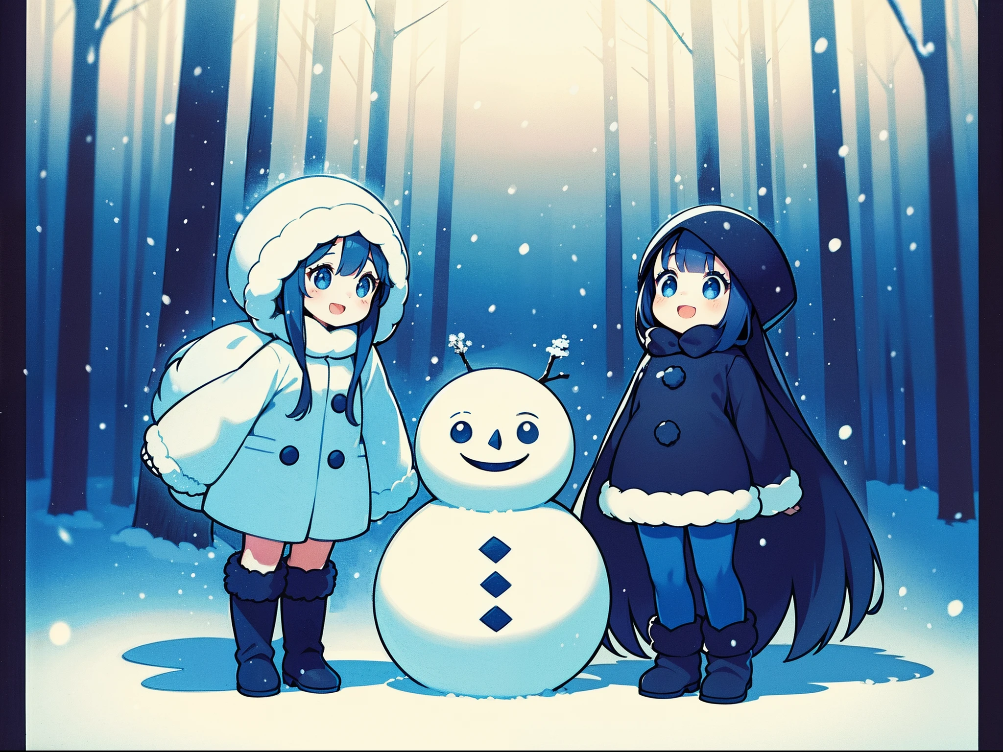 Happy girl in the snow, full body photographed, Laughs, round face, big eyes, long eyelashes. Leshy, Hayao Miyazaki, Forest Spirits, Other small animals. Elegant fur coat and boots, snowman, snowfall, Fairytale Forest, fairytale