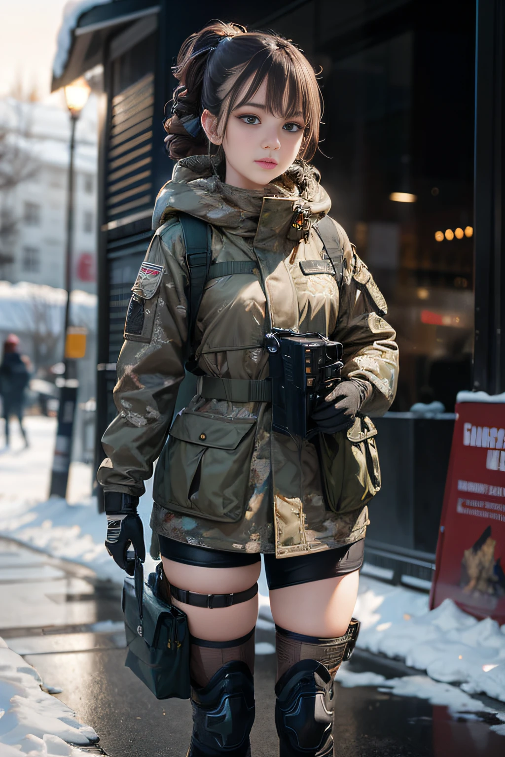 (Photorealistic), Beautiful lighting, Best quality, Realistic, Full body portrait, Real picture, Intricate details, Depth of field, 1girll, In a cold blizzard, A girl with a very muscular hairstyle, Wear a winter camouflage military uniform, Camouflage plate bracket drilling rig, Combat gloves, (Magasin bags), (Knee protectors), highly detailed, Perfect face, Blue eyes, Lips, Wide hips, Small waist, Tall, make up, Tacticool, Fujifilm XT3, Outdoors, Bright day, Beautiful lighting, RAW photo, 8K UHD, filmgrain, ((Bokeh))