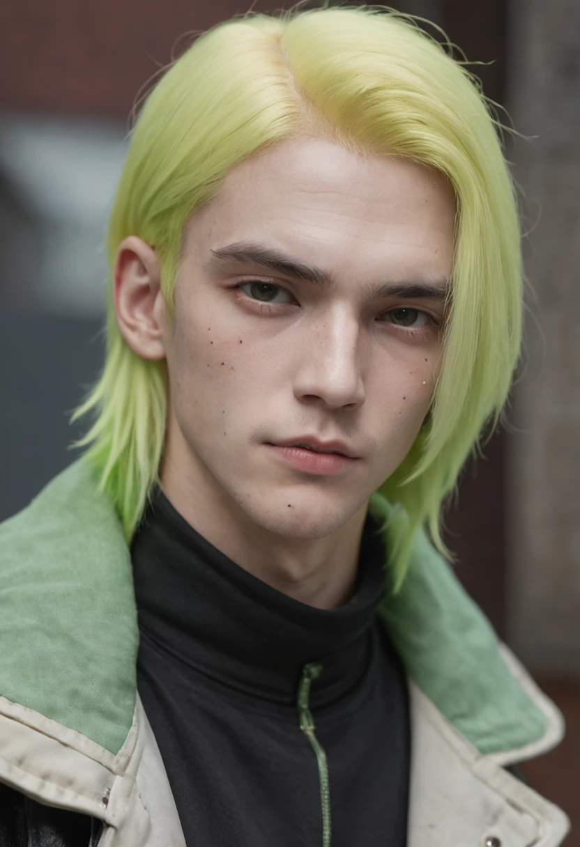 schoolboy,Handsome,cruel,k hd,Yellow hair with white dye,There are two moles under the right eye,Emerald green eyes,Trendy clothing,Cyberpunk style,photorealestic,mid - length hair,There is a K-shaped tattoo on the neck