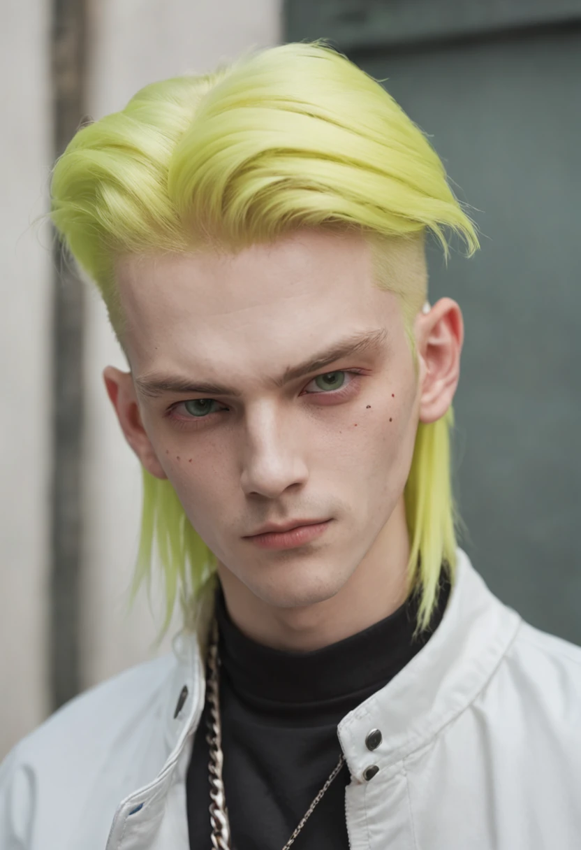 schoolboy,Handsome,cruel,k hd,Yellow hair with white dye,There are two moles under the right eye,Emerald green eyes,Trendy clothing,Cyberpunk style,photorealestic,mid - length hair,There is a K-shaped tattoo on the neck