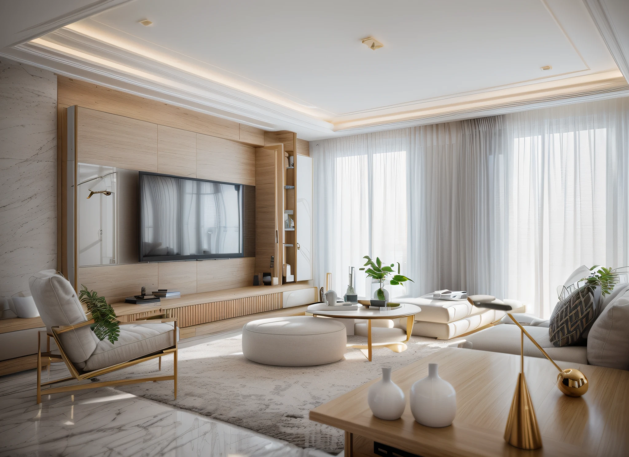 a view of a living room with a couch, chair, coffee table and television, high-quality render, modern living room, precise architectural rendering, vray 8k render, modern and minimalist, elegant render, 8k vray render, excellent 3d render, realistic 3 d style, realistic 8k render, very realistic render, luxury hd render