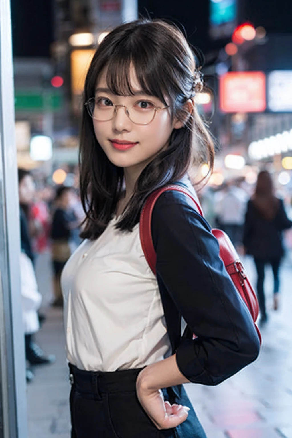 (8K、Raw photography、top-quality、masterpiece:1.2)、(realisitic、Photorealsitic:1.37)、ultra-detailliert、超A high resolution、女の子1人、see the beholder、beautifull detailed face、A smile、Constriction、(Slim waist) :1.3)、((White shirt clothes))、Beautiful detailed skin、Skin Texture、Floating hair、((Hair bunched into one))、large breasts with good shape、Professional Lighting、In front of the station at noon、((Black square glasses))、Whole human body、Black hair、((Have a small rucksack))、
