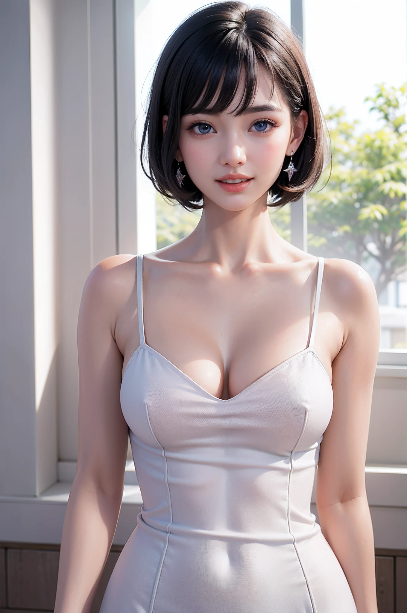 (high-level image quality、high-detail、hightquality、hight resolution、Draw everything in high resolution)、Very intense crystal light blue eyes、Very pale blue eyes、Smaller diamond-shaped earrings、Look firmly at the camera、Put your ears out、short black hair with a beautiful sheen,,,、Beautiful very short beautiful hair with bangs、Show off all the beautiful décolletés、Beautiful 28 years old、lipgloss、long neck、happily laughing、Smiling very happily、Beautiful teeth alignment、Beautiful teeth、Beautie、Pretty Woman、Business shirt with a snow-white collar with open chest、Wide Open Color、illuminate the back with very strong light from the windowsill,,、Very immaculate background、Really snow-white background、Slightly bigger eyes、Brings intense light to the eyes、Beauty with slightly wider shoulders、tall supermodel、Long-legged supermodel、Female sexy、Turn your face slightly to the side、Very mature and beautiful woman、Very small face