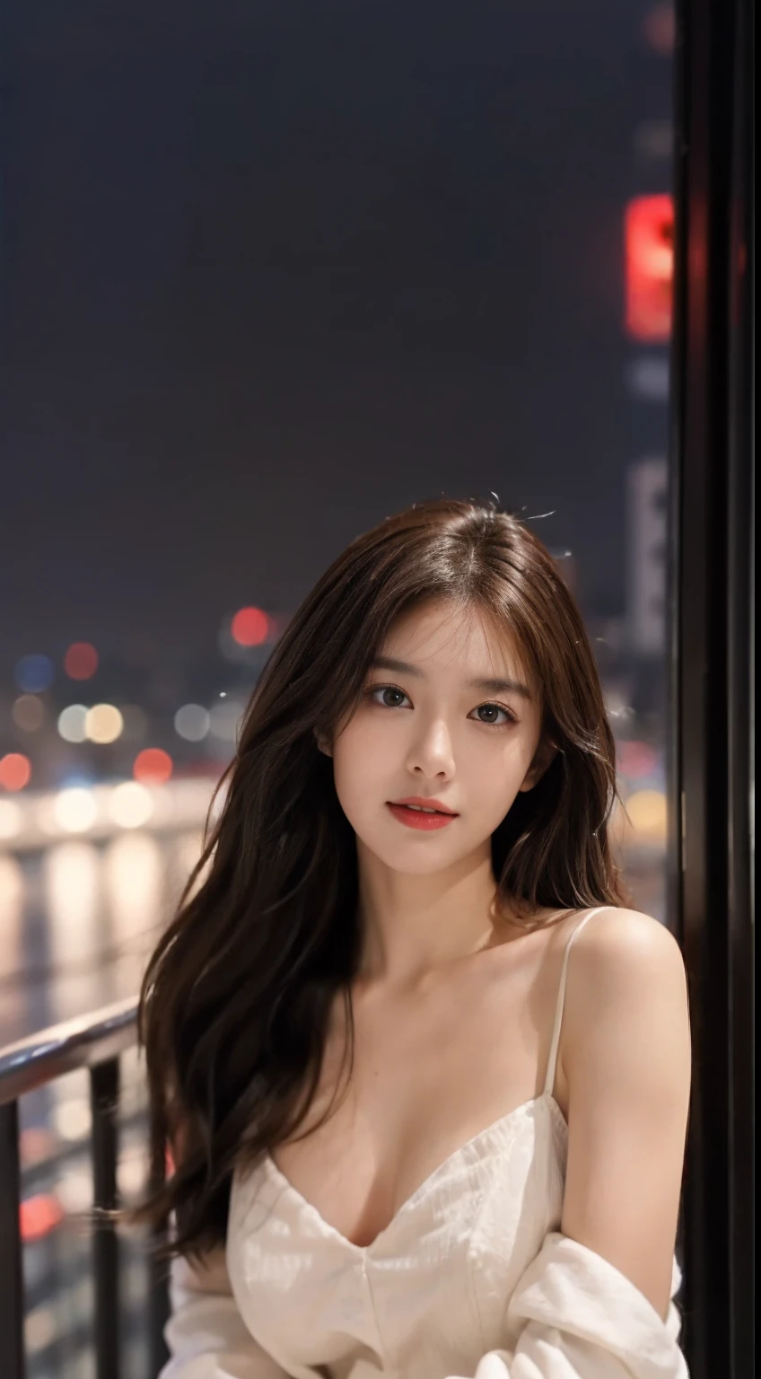 ((Best picture quality, 8K, tmasterpiece: 1.3)), self-shot, Sharp focus: 1.2, A cute beauty with a perfect figure: 1.4, Slim big breasts, ((Brown hair black)) , (比基尼,Highly detailed face,Happy expression,standing on your feet:1.2),((Night view of the rainy city,balcony simple:1.3. Produced with a major focus on women)),Highly detailed facial and skin texture,Detailed eyes,二重まぶた