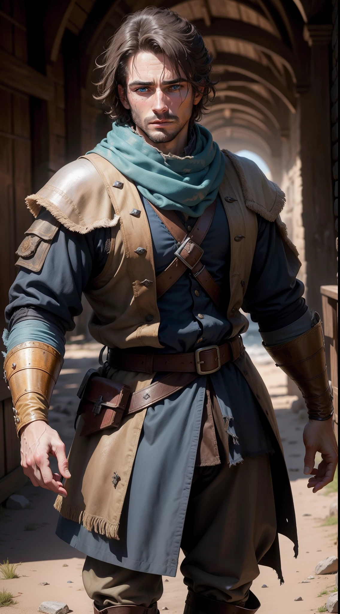 Antonio de Abreu, 16th century, renaissance, age of exploration, with many wrinkles,Weathered, young, age of 28, man,energetic, medieval style soldier clothes, captain, ill-fated, handsome, hero, daring, brave, decisiveness, with many injuries face, scurvy, head wearing medieval sailor red style scarf, bright light blue eyes, witha very weathered and dirty and broken brown medieval jacket, showing a strong willing to live, ready to fight