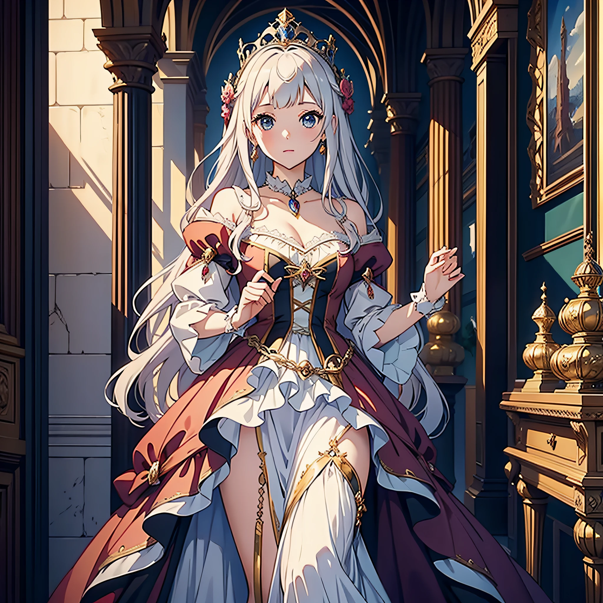 Artistic AI Art Galaxy(masterpiece:1.2, Highest quality), (Beautiful, detailed eyes: 1.2), High resolution, (Beautifully detailed face), (One girl:1.2), Blake: A figure in a red and white dress with gold trim.、Standing in front of a window with red curtains and gold ornaments。. The dress is gorgeous and sophisticated., Multi-layer structure. This character has long, flowing hair with flowers, Wearing gloves. She has a noble and delicate character.. The light coming in through the window creates a fantastic atmosphere., The curtains and windows are carefully painted.. It&#39;s a warm image.

