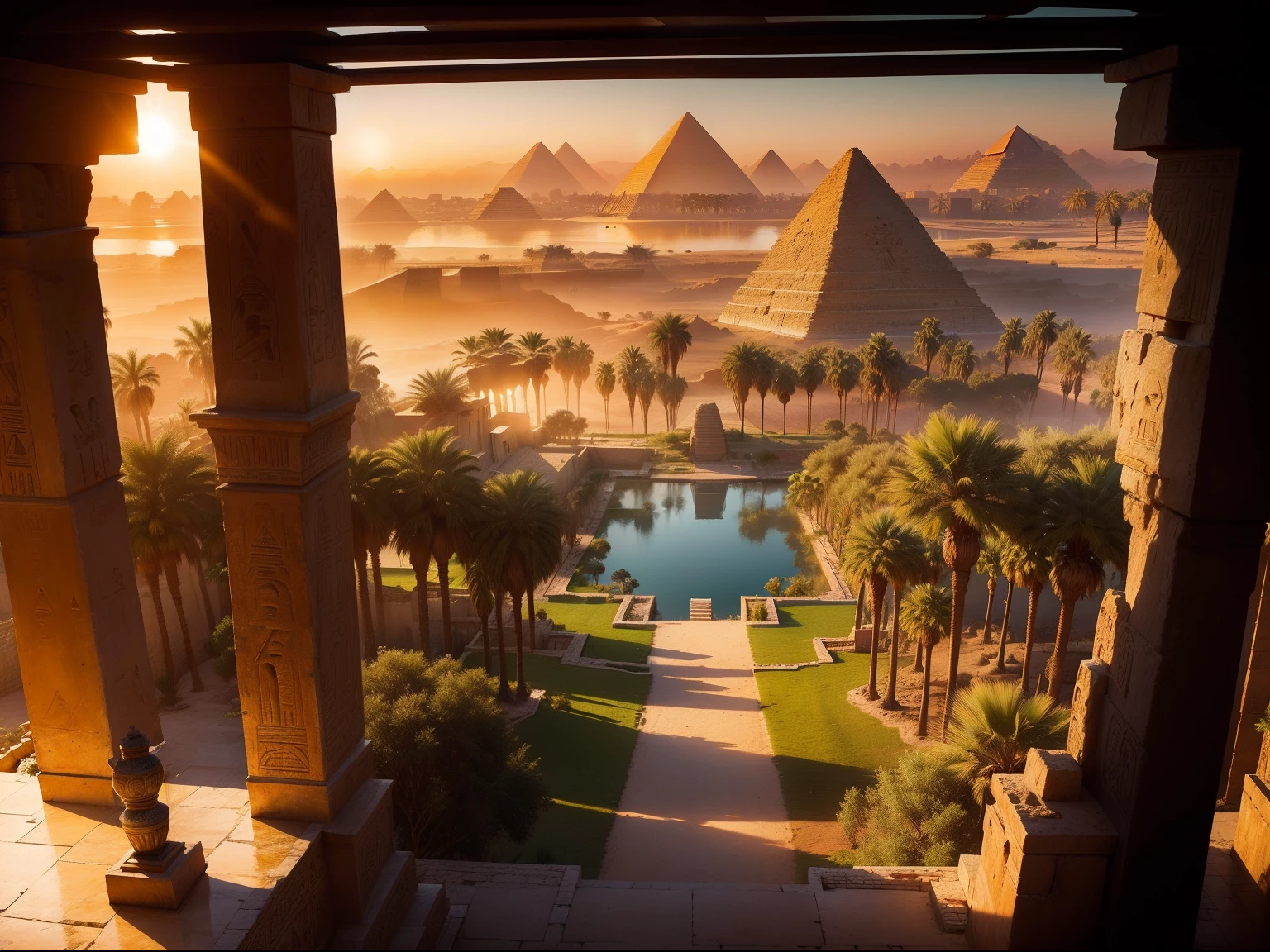 3500BC, Verdant Nile delta, hieroglyphics, pyramids 3500BC, palm trees, amber light, cinematic, dreamy, 8k captured with a Nikon D800