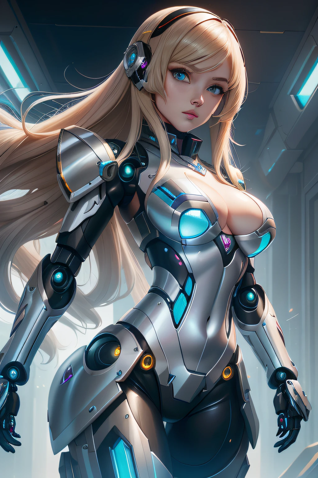 Action portrait of a gang [seductiv|Babe] , (edgMechagirl, a woman in a mecha outfit,futuristic armor,Wearing edgMechaGirl cyber_Armor :1.2), Perfect face, Pretty face, aquamarine Eyes, ash blond hair, Long hair, Medium breasts, lush detailing, absurderes,