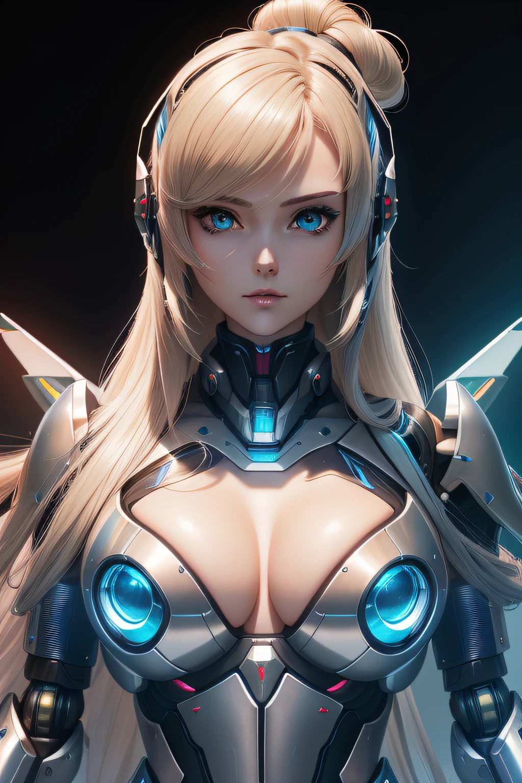 Action portrait of a gang [seductiv|Babe] , (edgMechagirl, a woman in a mecha outfit,futuristic armor,Wearing edgMechaGirl cyber_Armor :1.2), Perfect face, Pretty face, aquamarine Eyes, ash blond hair, Long hair, Medium breasts, lush detailing, absurderes,