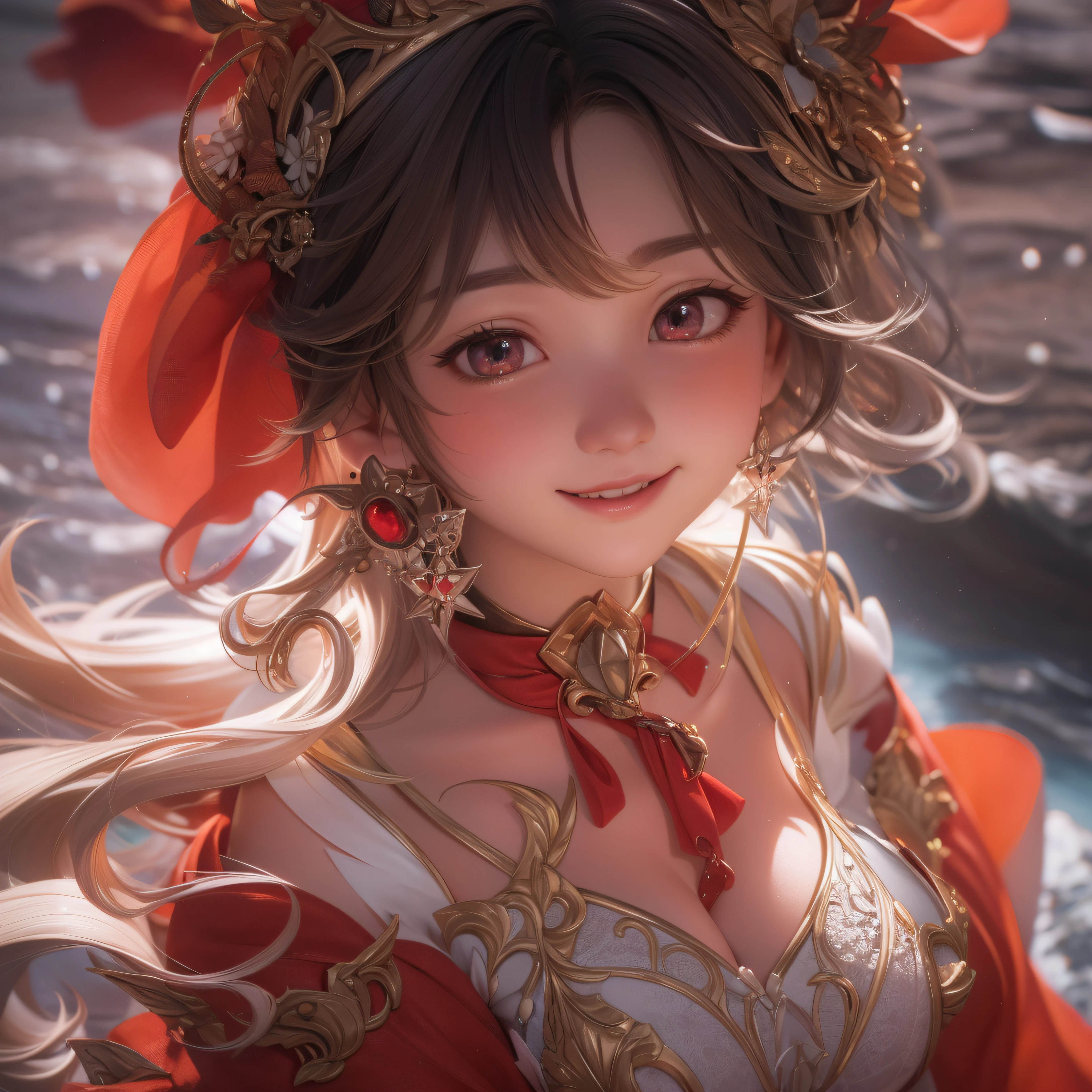 Close up of a smile with the corners of the mouth raised、(realisitic、hight resolution)、(1 girl in)、Do-Up Eye、Korean Girl、(Best Quality), (masutepiece), (1girl in), Solo, a beauty girl, Perfect face, Big Breast,dreamlikeart、Highly detailed airbrush art((Surreal))、Volumetric lighting、(top-quality)、The ultra-detailliert、(The composition of the movement:1.4)、Highly detailed colorful details、(Bright lighting)、dynamic compositions、Ray traching、The mirror reflects light、Shallow depth of field、ultra-detailliert、mixing  exposure、nffsw、Her eyes glow crimson、Staring at the crimson sea。Her crimson face is full of anticipation and courage for adventure.、A smile appears on her crimson lips。 At the rear、The sun is slowly tilting to the west。Its light brings crimson light to the surface of the sea、The swaying waves create a beautiful scene。Her eyes shine clearly crimson。a lot of crimson color