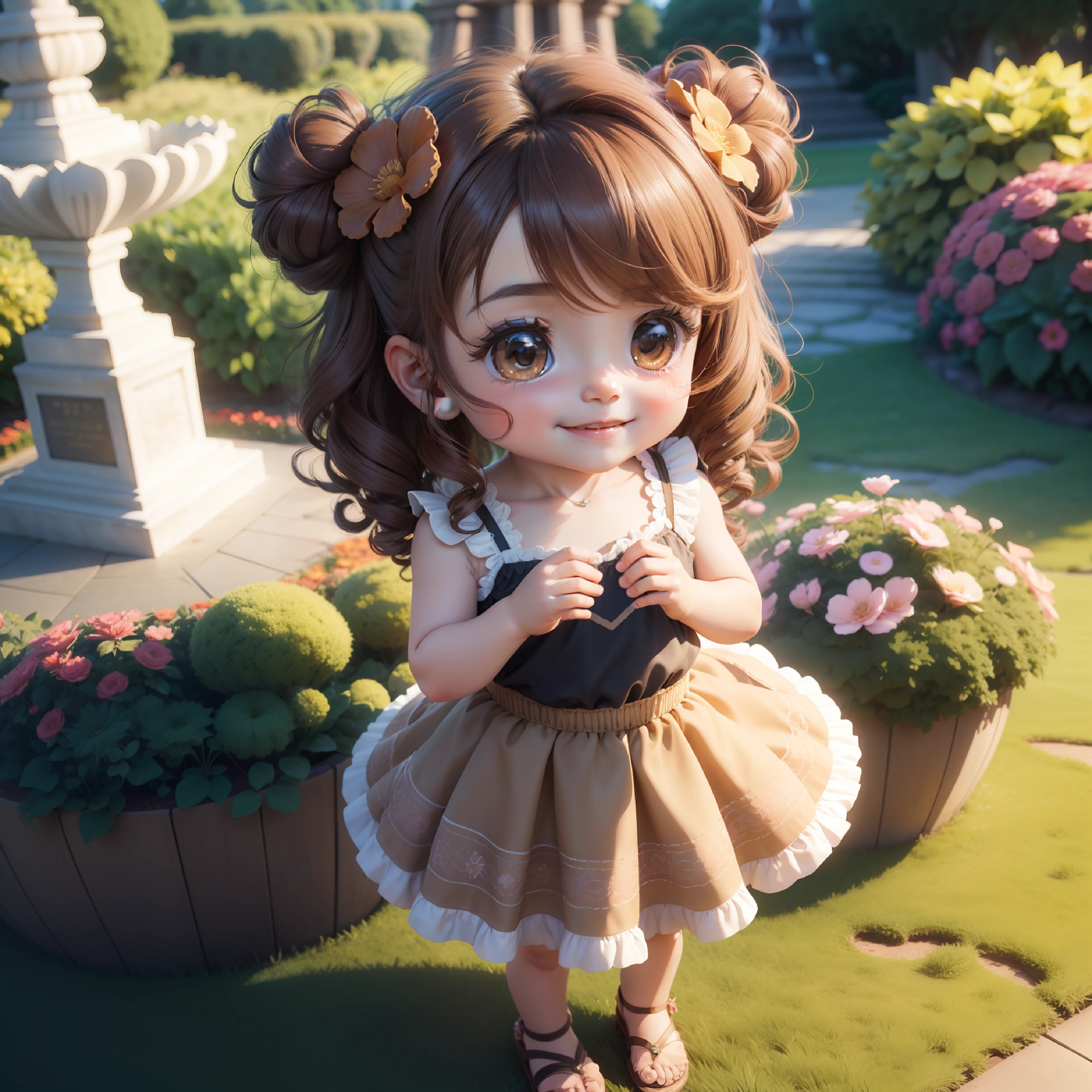 (((Chibi 3D))) (Best Quality) (Master Price)　Cute  Chibi Anime,Curly Sauvage Hairstyles with Brown Hair,A smile,With a camisole with lots of frills(Floral pleated skirt:1.2),Knitted sandals,The background is the Royal Botanic Gardens, On both hands 🩷