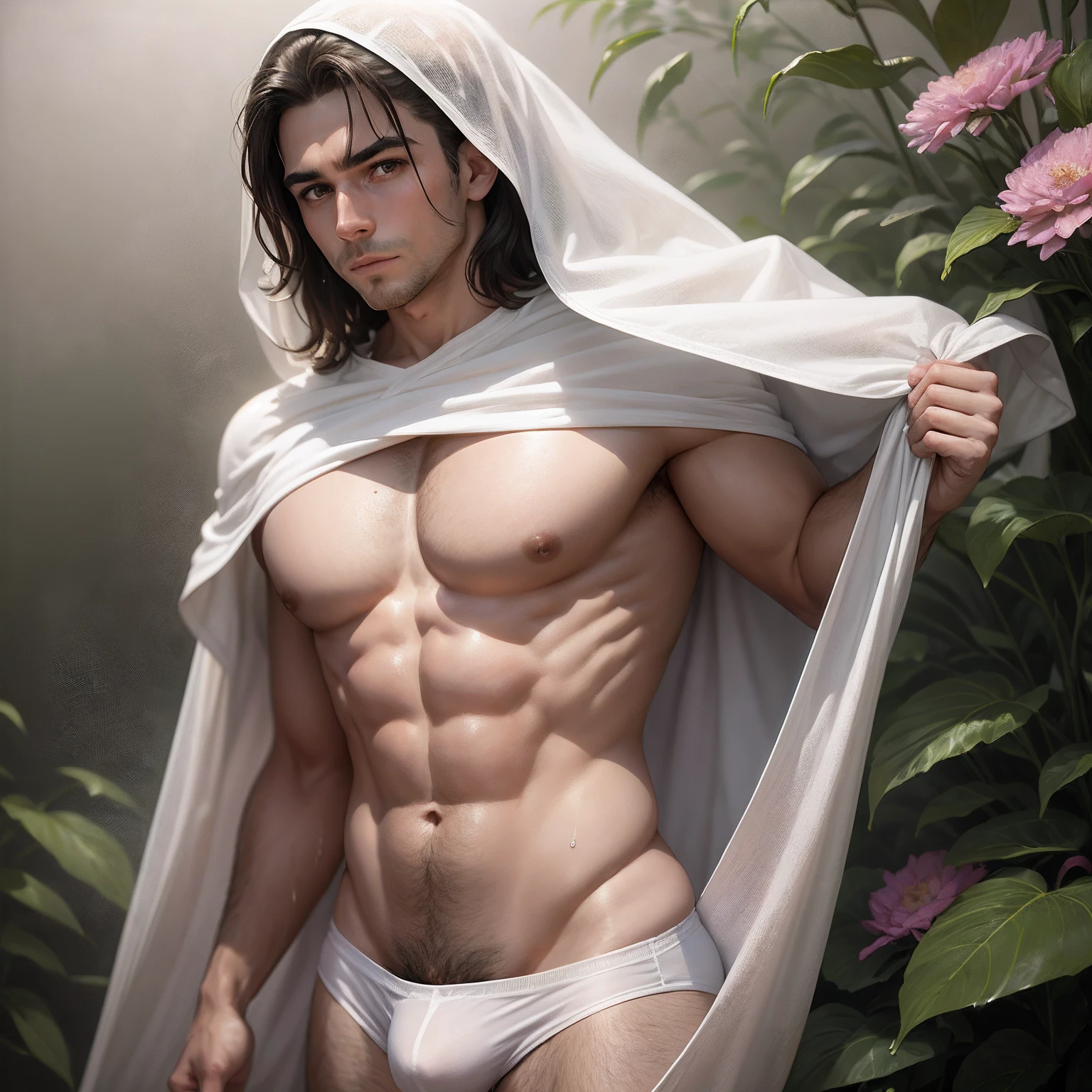 Homem musculoso com cabelo preto, Rosto europeu, Corpo de Deus grego, cintura pequena, Dressed in a small wet white boxer and a huge bulge underneath, Cabelo curto claramente elegante, dentro do tempo grego antigo, Flowers and mist around, 8k