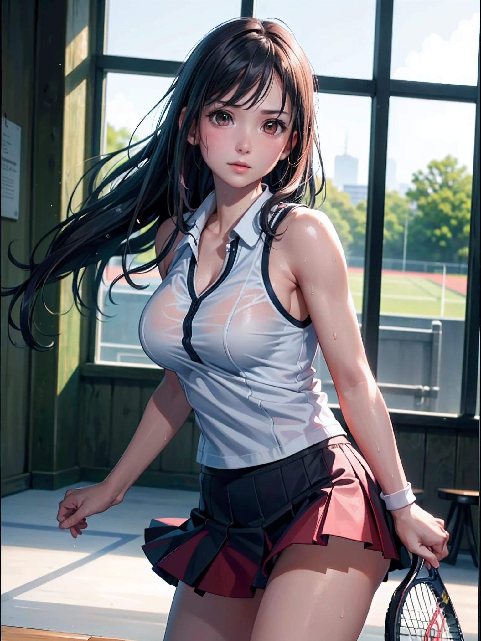 (8K, Raw photo, Best Quality, masutepiece:1.2), (Realistic, Photorealsitic:1.37),1 girl,Cute, (Solo),A detailed face, Dramatic Angle,
,Tennis uniform skirt,Look away,Sporty,Wet skin,Sweat,Large breasts,Nice　Legs,tennis　Match venue  ,