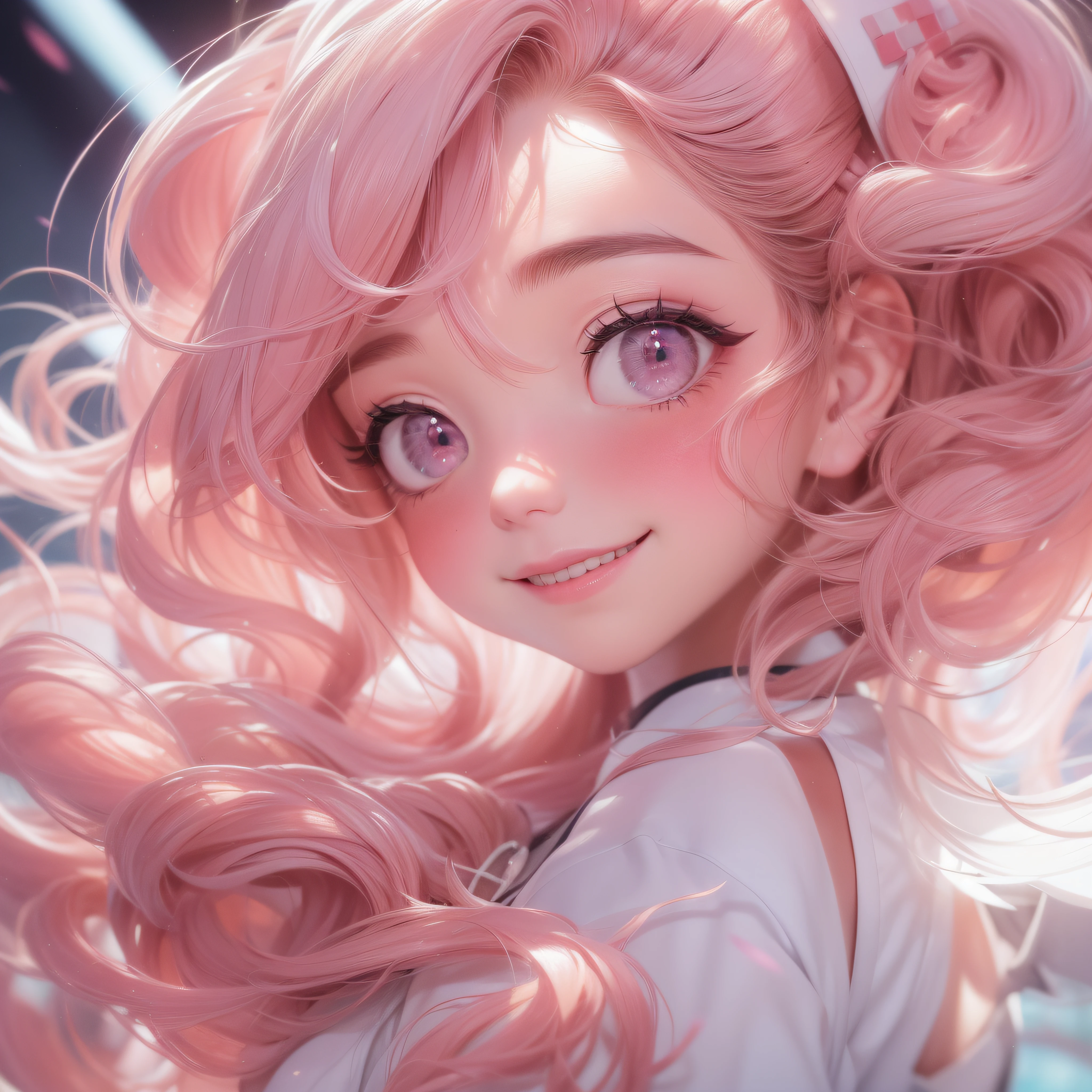 Close up of a smile with the corners of the mouth raised、(realisitic、hight resolution)、(1 girl in)、nurse、Do-Up Eye、Korean Girl、(Best Quality), (masutepiece), (1girl in), Solo, a beauty girl, Perfect face, Big Breast,dreamlikeart、Highly detailed airbrush art((Surreal))、Volumetric lighting、(top-quality)、The ultra-detailliert、(The composition of the movement:1.4)、Highly detailed colorful details、(Bright lighting)、dynamic compositions、Ray traching、The mirror reflects light、Shallow depth of field、ultra-detailliert、mixing  exposure、nffsw、Her eyes are glowing pink、Staring at the pink sea。Her pink face is full of anticipation and courage for a nurse.、A smile appears on her nurse's lips。 At the rear、The sun is slowly tilting to the west。Its light brings nurse light to the surface of the sea、The swaying waves create a beautiful scene。Her eyes are clearly glowing pink。Lots of pink