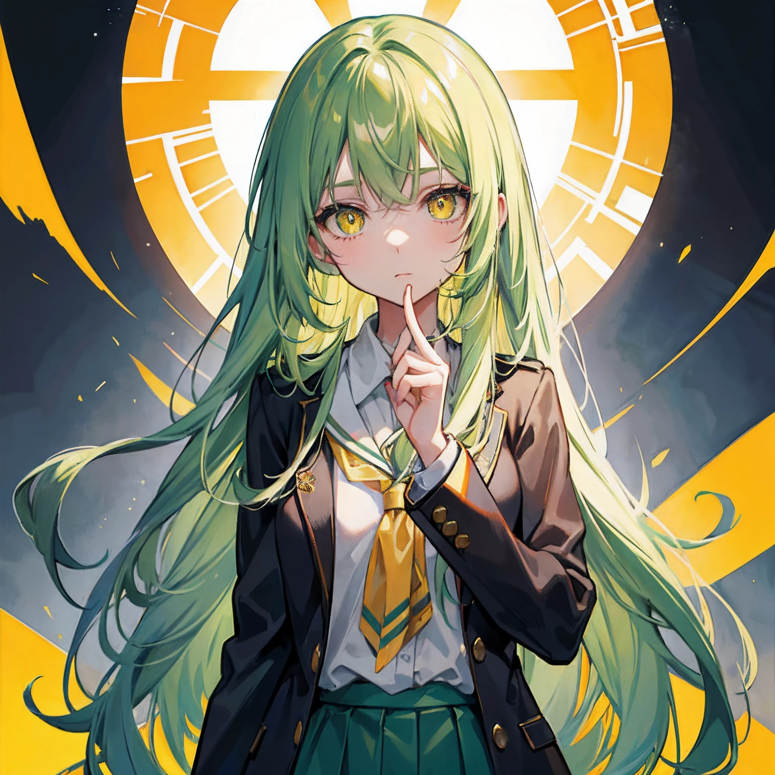 long green hair,Six symmetrical eyes grow on the face,Royal Yellow Pupils,glowing brown skin,in school uniform,It's a pretty cute weird girl