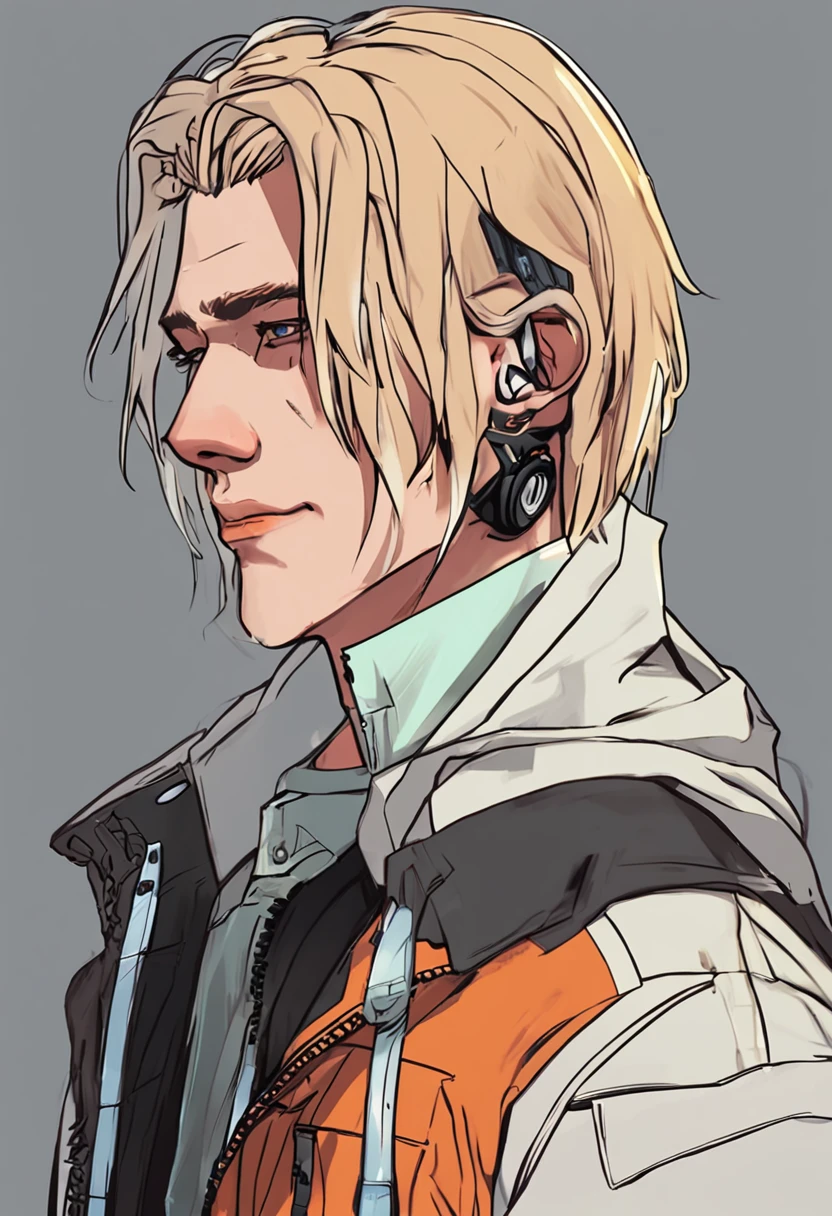 boy,Handsome,k hd,golden hair,Hair has white dye,There are two moles under the right eye,Emerald green eyes,motorbiker,Cyberpunk style,photorealestic,mid - length hair,Cyberpunk 2077 wind,There is a prosthetic body on the face
