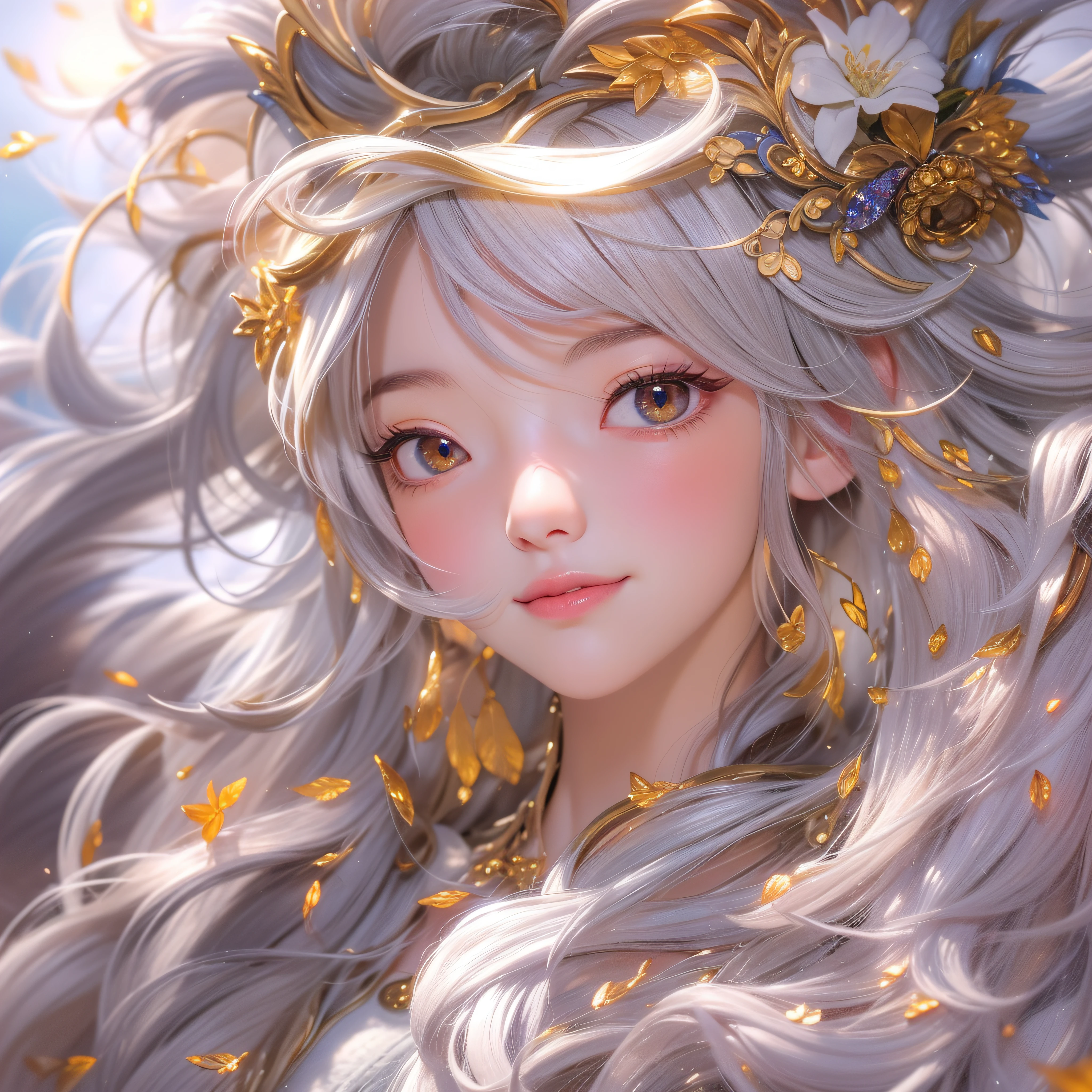 Close up of smiling looking up、Close up of smiling looking up、Close up of smiling looking up、Facing the front、(masterpiece、realisitic、hight resolution)、(1 girl in):1.2)、Do-up、Korean Girl、(Best Quality), (masutepiece), (1girl in), Solo, Beautiful Girl, Perfect face, Big Breast,dreamlikeart、Highly detailed airbrush art(((Surreal))、Volumetric lighting、(masterpiece:1.2)、(top-quality)、The ultra-detailliert、(The composition of the movement:1.4)、Highly detailed colorful details、(Bright lighting、Atmospheric lighting)、Magical、dynamic compositions、Ray traching、The mirror reflects light、Shallow depth of field、ultra-detailliert、mixing exposure、nffsw、Super masterpiece、Her eyes are glowing red、Silvery hair、Her face is full of anticipation and courage for adventure.、A smile comes to her lips、An air full of smiles and adventurous spirit、At the rear、The sun is slowly tilting to the west。Its light brings golden light、The swaying flower field creates a beautiful scenery..。Her courage and determination are condensed.、Eye-catching presence。Her eyes are shining。