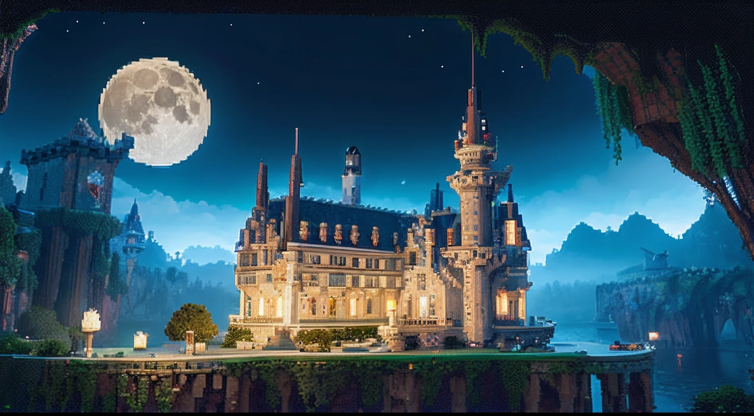 pixel game,scenography,fantastical scenes,Moon Night,Vampire Castle,levitating, Pixel art #pixelart