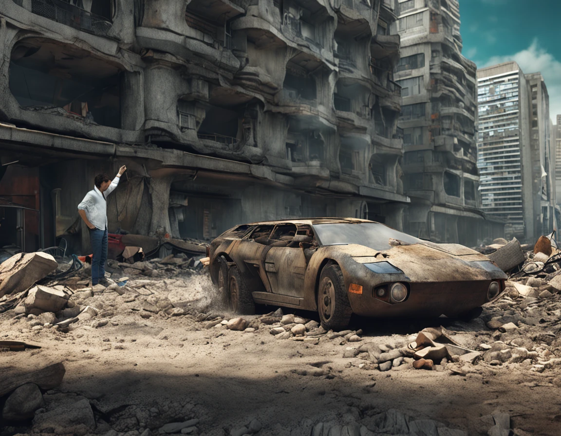 Best quality, Master parts, 超高分辨率, (Realistic photography:1.4), ultra-realistic realism, Similar to a dream,fusionart,,A man with a big head under the ground looks up under the ground,There are many high-rise buildings in science fiction on the ground
