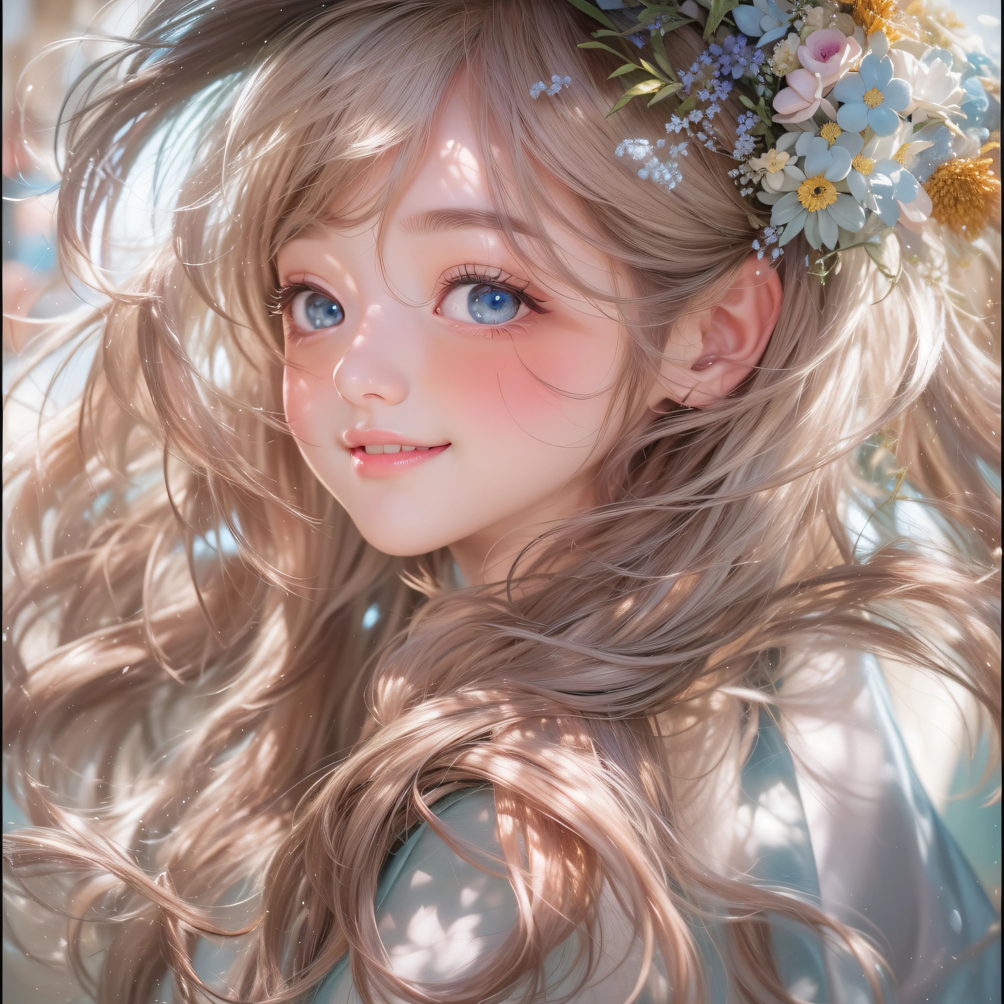 Close up of smiling looking up、Close up of smiling looking up、Close up of smiling looking up、Facing the front、(masterpiece、realisitic、hight resolution)、(1 girl in):1.2)、Do-up、Korean Girl、(Best Quality), (masutepiece), (1girl in), Solo, Beautiful Girl, Perfect face, Big Breast,dreamlikeart、Highly detailed airbrush art(((Surreal))、intricate detailes、Volumetric lighting、(masterpiece:1.2)、(top-quality)、The ultra-detailliert、(The composition of the movement:1.4)、Highly detailed colorful details、(Bright lighting、Atmospheric lighting)、Magical、dynamic compositions、Ray traching、The mirror reflects light、Shallow depth of field、ultra-detailliert、mixing exposure、nffsw、Super masterpiece、Her eyes are glowing red、Silvery hair、Her face is full of anticipation and courage for adventure.、A smile comes to her lips、An air full of smiles and adventurous spirit、At the rear、The sun is slowly tilting to the west。Its light brings golden light、The swaying flower garden creates a beautiful scenery..。Her courage and determination are condensed.、Eye-catching presence。Her eyes are shining。
