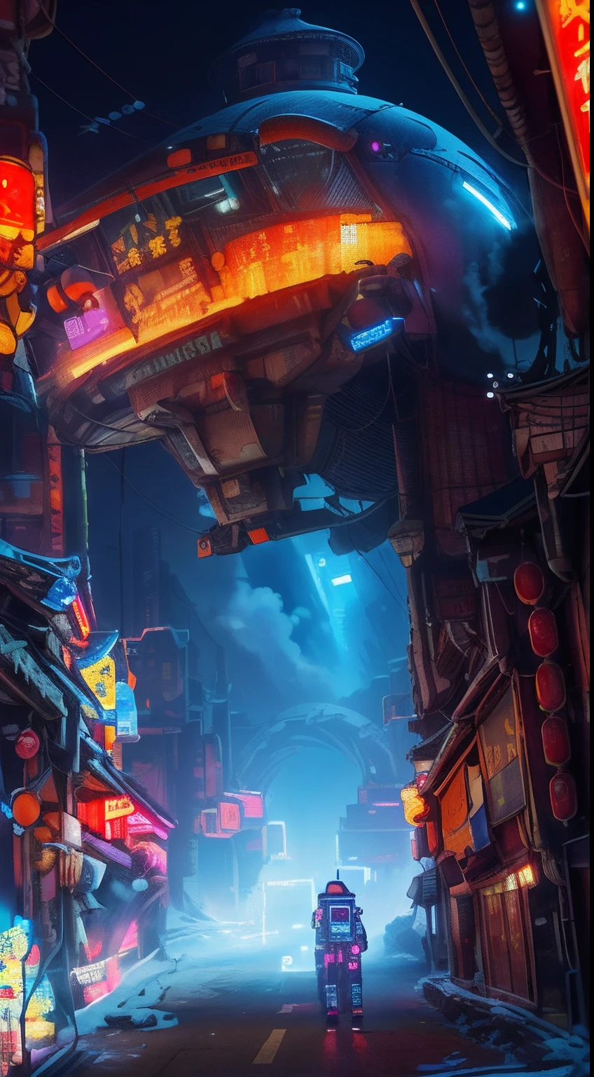 Cyberpunk returns，pandas，Chengdu, sichuan，Ancient buildings，pylons，alley，snow mountains，sci-fi vibes，Huge sense of contrast，lamplight，Pillars of light soared into the sky，High-precision illustration，SENSE OF CINEMA，火焰，Snow，cyber punk perssonage，nevando，City lights
