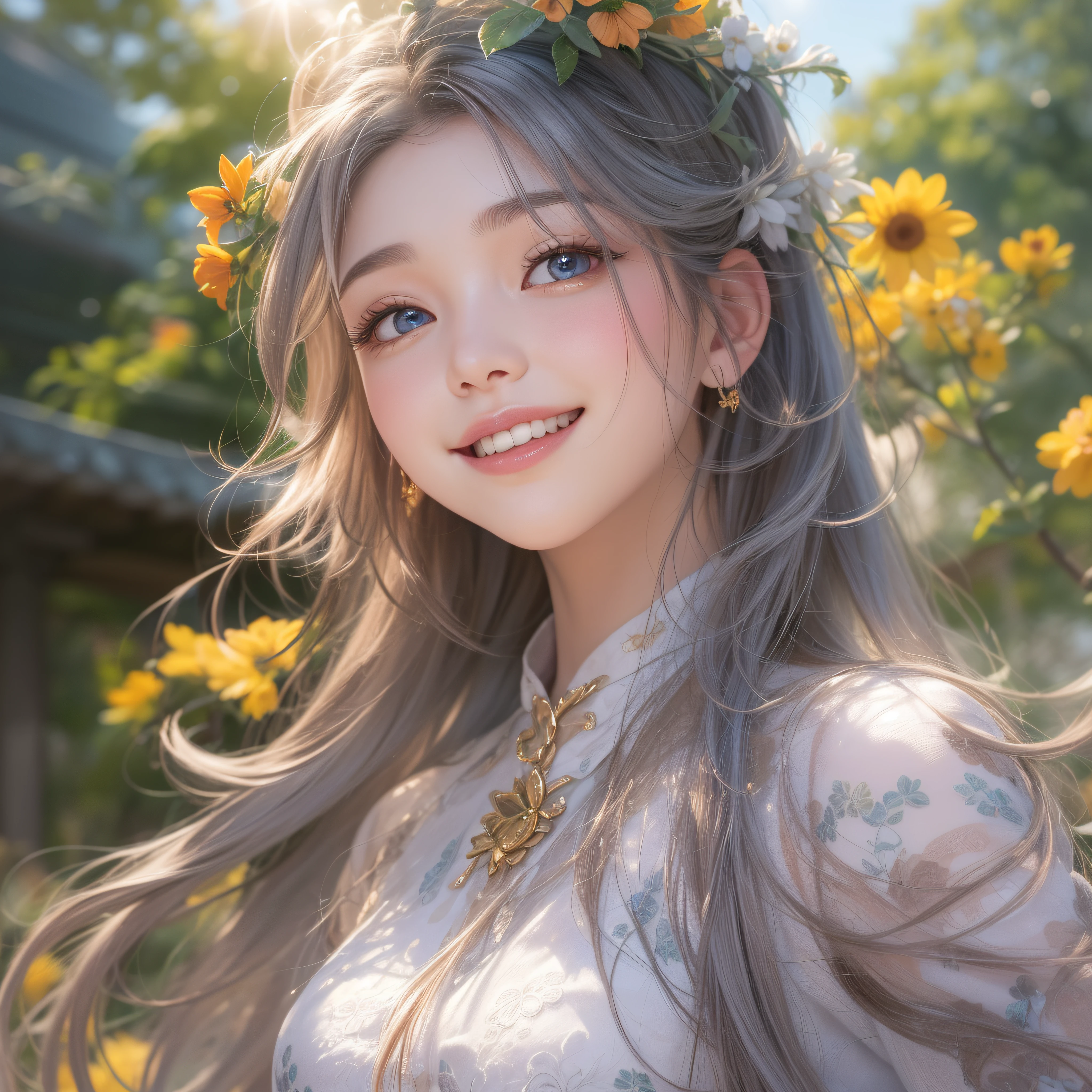 Close up of smiling looking up、Close up of smiling looking up、Close up of smiling looking up、Facing the front、(​masterpiece、realisitic、hight resolution)、(1 girl in):1.2)、Do-up、Korean Girl、(Best Quality), (masutepiece), (1girl in), Solo, Beautiful Girl, Perfect face, Big Breast,dreamlikeart、Highly detailed airbrush art(((Surreal))、intricate detailes、Volumetric lighting、(​masterpiece:1.2)、(top-quality)、The ultra-detailliert、(The composition of the movement:1.4)、Highly detailed colorful details、(Bright lighting、Atmospheric lighting)、Magical、dynamic compositions、Ray traching、The mirror reflects light、Shallow depth of field、ultra-detailliert、mixing  exposure、nffsw、Super masterpiece、Her eyes are glowing red、Silvery hair、Her face is full of anticipation and courage for adventure.、A smile comes to her lips、An air full of smiles and adventurous spirit、At the rear、The sun is slowly tilting to the west。Its light brings golden light、The swaying flower garden creates a beautiful scenery..。Her courage and determination are condensed.、Eye-catching presence。Her eyes are shining。