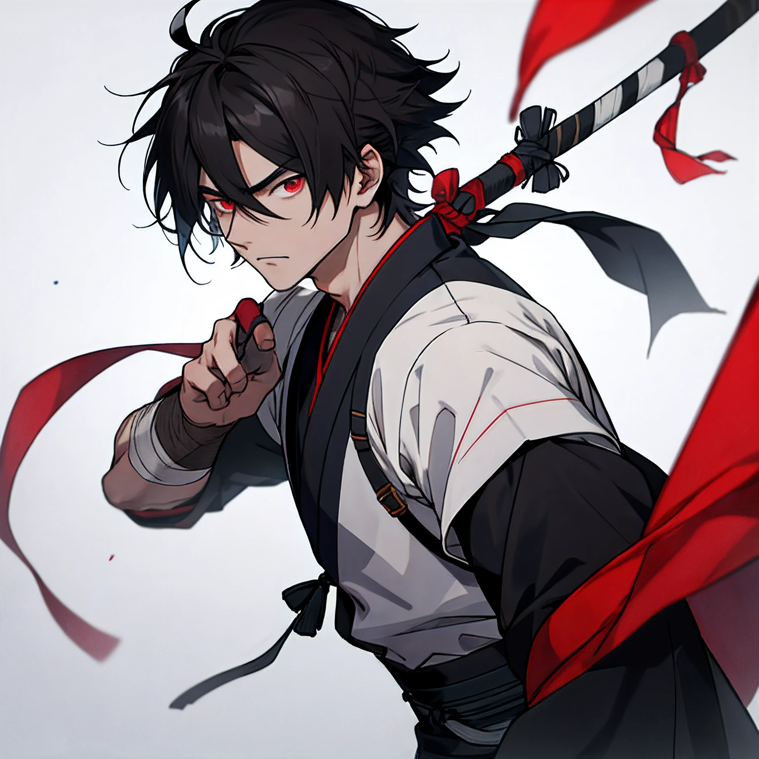 「top-quality:1.0、超A high resolution:1.0、Anime Boy、Touken Ranbu、A dark-haired、Unkempt hair、eyes are dark red、short-haired、Bad eyes、glares、Hanging eyes、Neck bandage、a junior high school student、tatteredclothing、Plain black kimono、Holding a longsword」