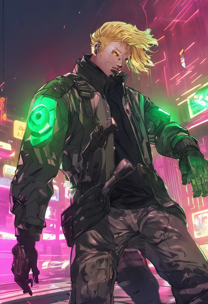 schoolboy，Handsome，k hd，golden hair，Hair has white dye，There are two moles under the right eye，Emerald green eyes，motorbiker，Cyberpunk style，photorealestic，mid - length hair，There is a prosthetic body on the face