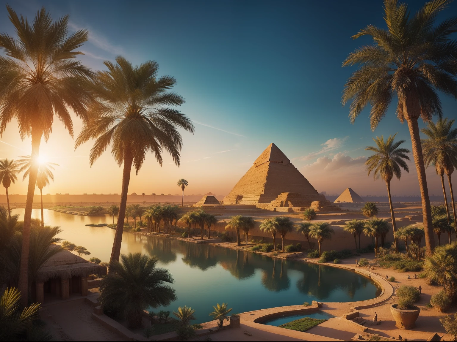 "3500BC, Verdant Nile delta, hieroglyphics, pyramids, palm trees, amber light, cinematic, dreamy, 8k captured with a Nikon D800."
