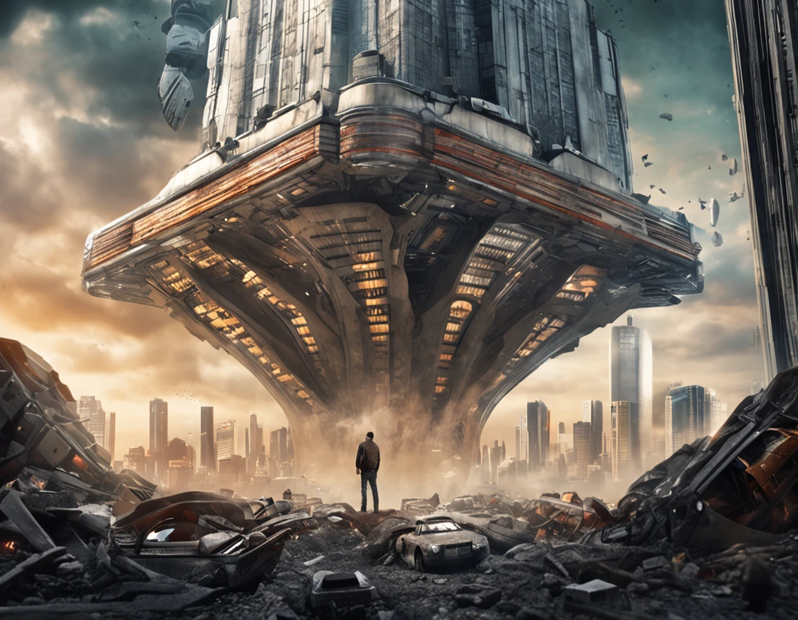 Best quality, 超高分辨率, (Realistic photography:1.4), In the middle of the picture is the ground,A man with a big head under the ground looks up under the ground,There are many high-rise buildings in science fiction on the ground