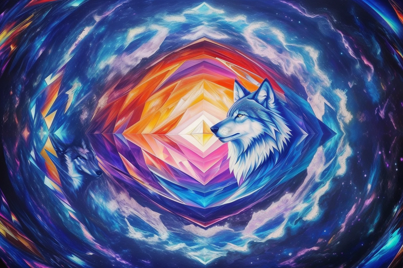 oil paint aesthetics, (image of surrealism oil painting of diamond wolf made of broken glass:1.2), focus face, fused swirling vortexes and dark rainbow heat haze, look at the distant sky, look up at the pure white clouds, holography, extremely beautiful art, starkly beautiful, professional artwork, best quality, highest quality, stunning abyss with intricate details, extremely detailed, insanely detailed,