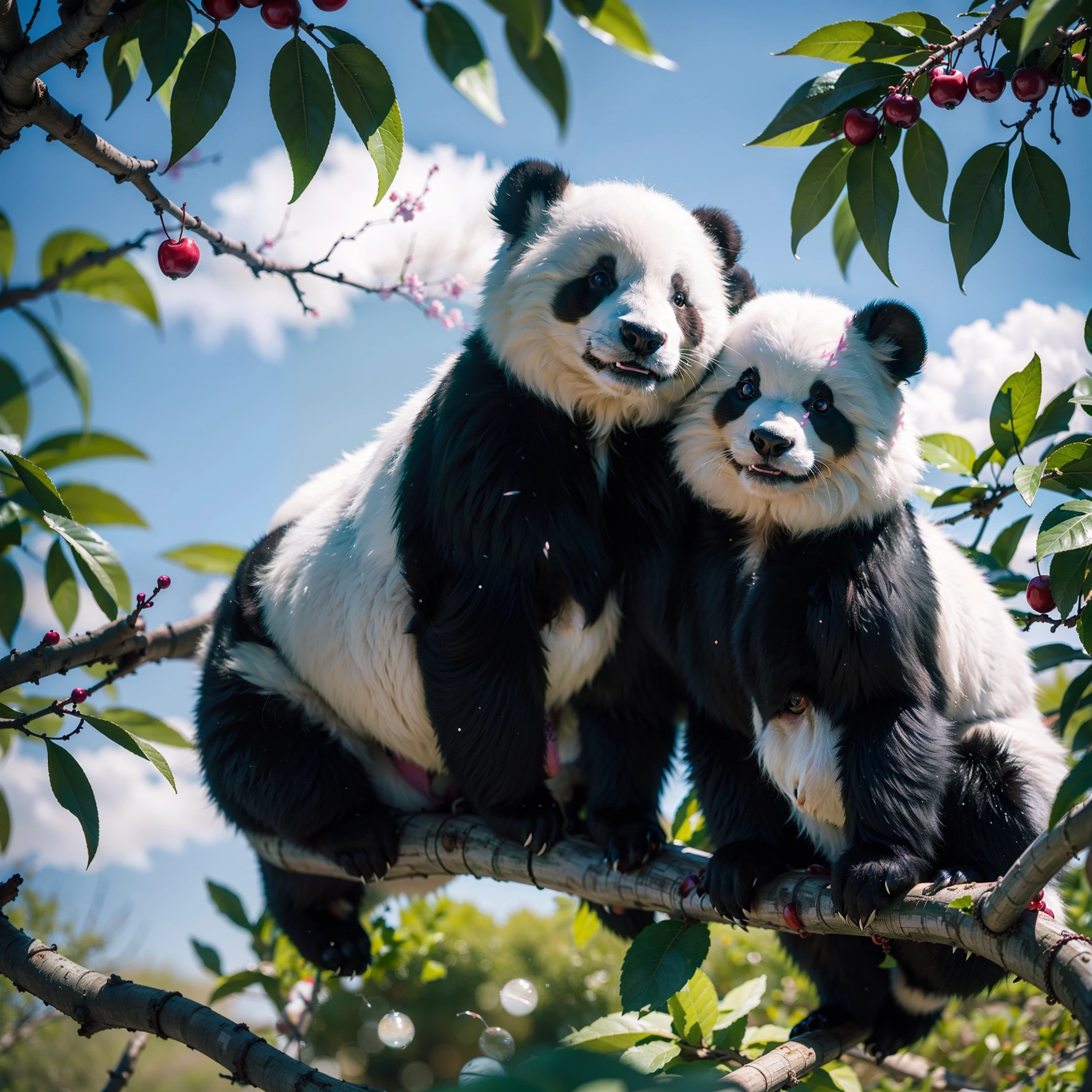 two adorable cute pandas with rainbow colored fur climbing a cherry tree, water color, masterpiece, blurred background like a camera.