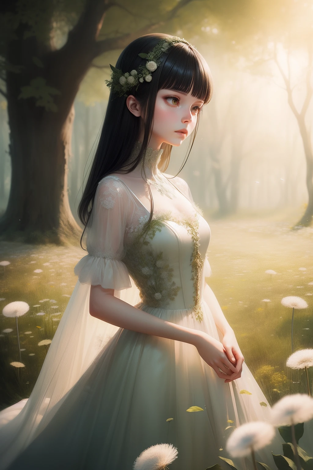 In the white dandelion forest, among the dandelion flowers, lies a woman in a long dress of light tulle, Brunette lady with glowing tulle dress, It is covered with flesh green and flesh pink, Glowing firefly background，inspired by Wadim Kashin, by Russell Dongjun Lu, inspired by Yanjun Cheng, inspired by Hsiao-Ron Cheng, Beautiful digital artwork, inspired by Ray Caesar