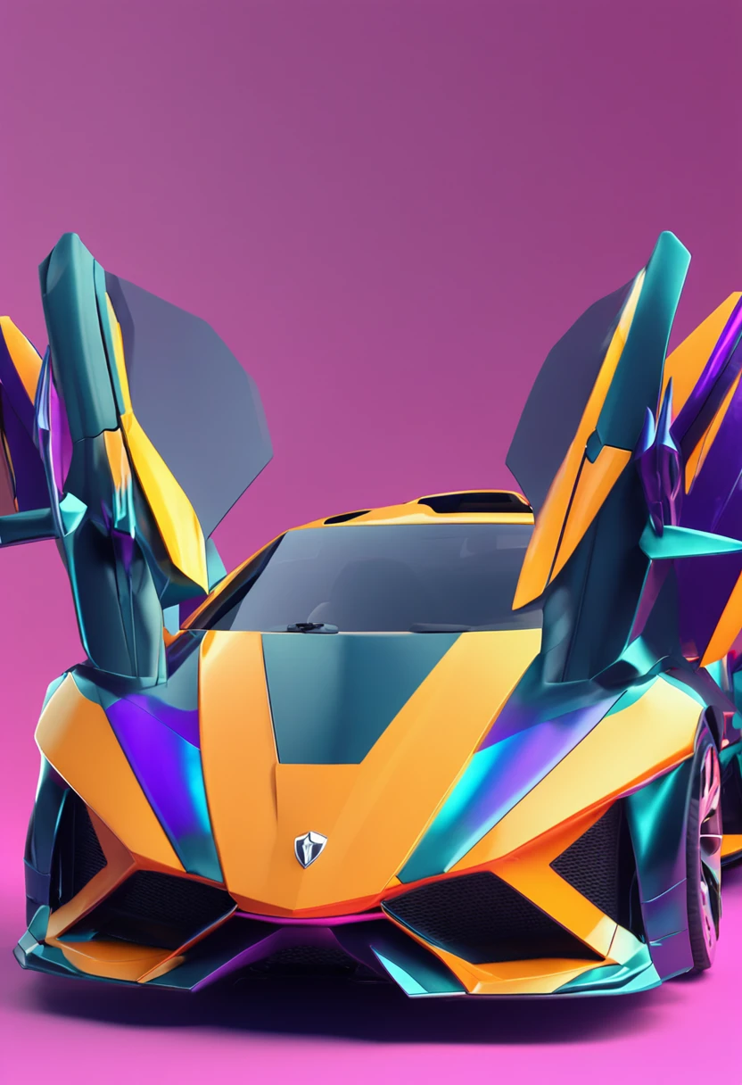 Create a futuristic 3D render of a Lamborghini with bull horn-inspired front-end and bird-like wings on top. Use rainbow colors to capture strength, ambition, speed, and creativity.