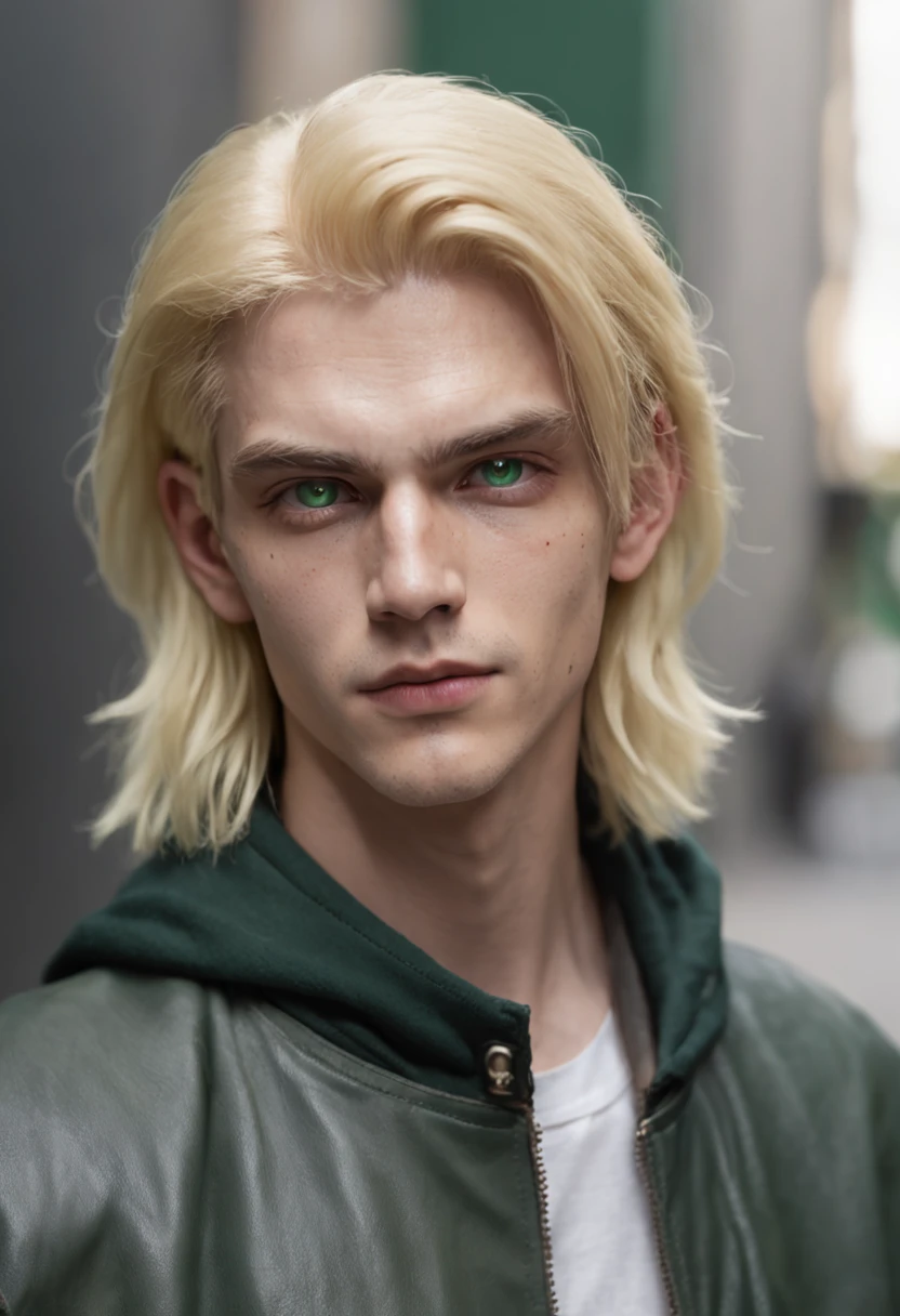 schoolboy,Handsome,k hd,golden hair,Hair has white dye,There are two moles under the right eye,Emerald green eyes,motorbiker,Cyberpunk style,photorealestic,mid - length hair,There is a prosthetic body on the face