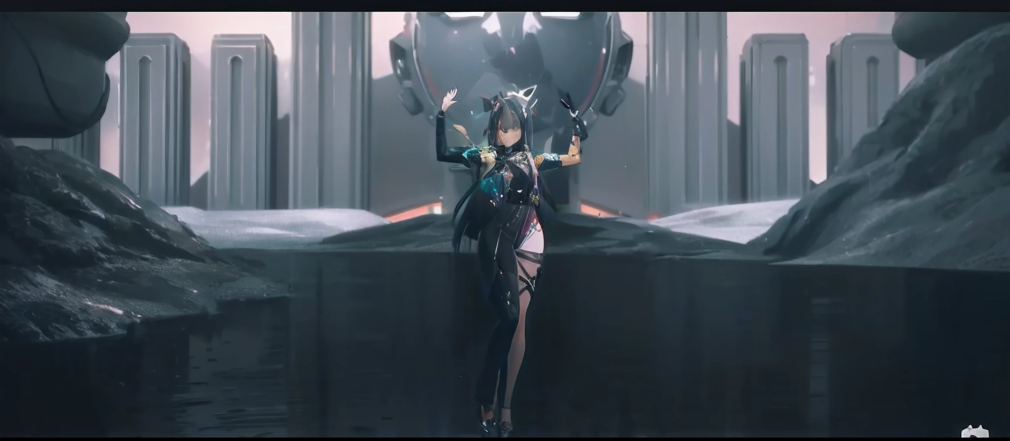 A woman in a black dress stood in the room, trending on cgstation, female cyberpunk anime girl, kda, Show on the《cyberpunk 2077》Curly, cyberpunk anime girl, unreal engine rendered + A goddess, Irelia, cyberpunk angry gorgeous goddess, anime cgi style, Digital cyberpunk anime art, intricate ornate anime cgi style, perfect anime cyborg woman