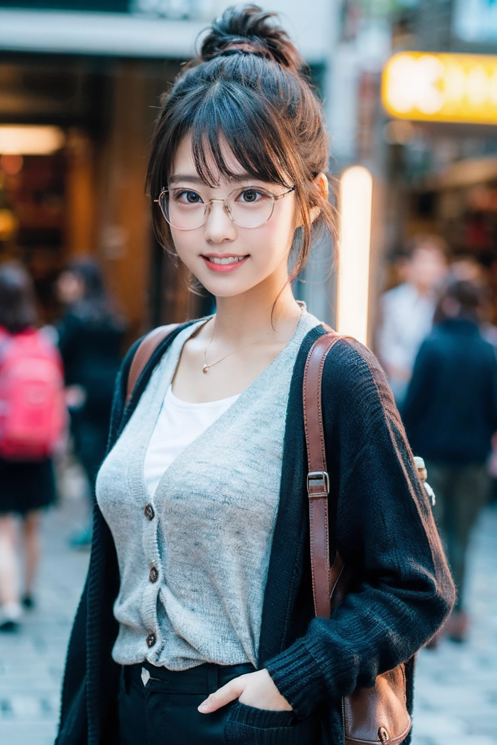 (8K、Raw photography、top-quality、​masterpiece:1.2)、(realisitic、Photorealsitic:1.37)、ultra-detailliert、超A high resolution、女の子1人、see the beholder、beautifull detailed face、A smile with a little visible teeth、Constriction、(Slim waist) :1.3)、((Wearing a cardigan))、Beautiful detailed skin、Skin Texture、Floating hair、((Hair bunched into one))、large breasts with good shape、Professional Lighting、In front of the station at noon、((Black square glasses))、Whole human body、Black hair、((Have a small rucksack))、