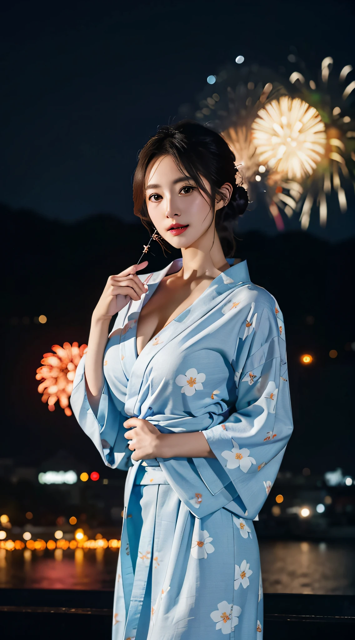 high resolution、Japanese women、Beauty、cute、Brown long hair hairstyle、Small face、Beautiful skin、Large breasts、Reality Stick、night、Fireworks、outside、Sexy pose、Sexy look、The yukata is long-sleeved and closed in the front、The yukata is not open in the front