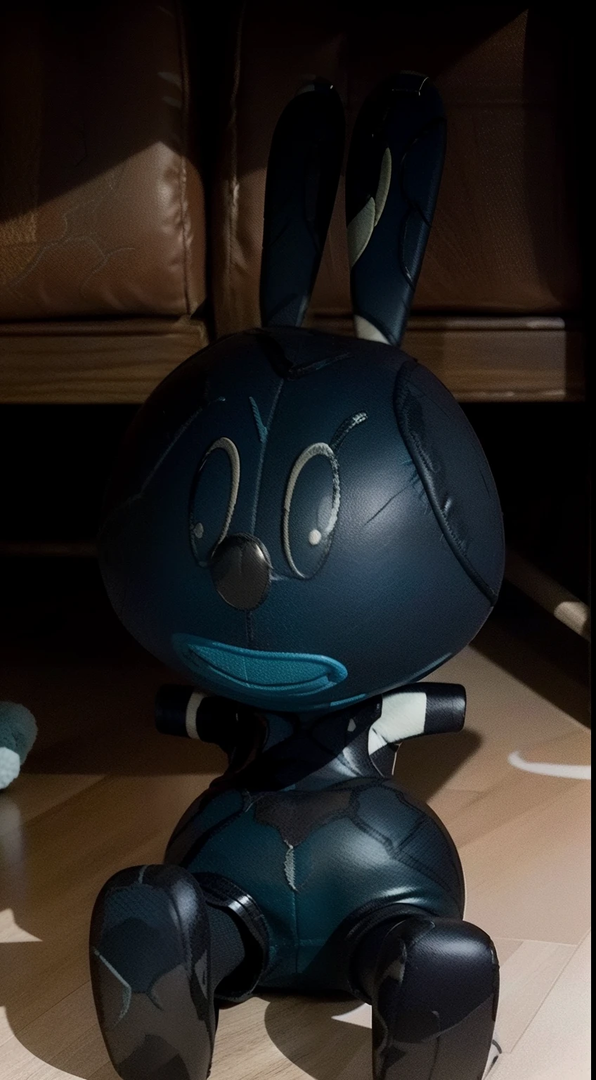 Toy_Plushies, Oswald, armless, missing arms, no arms, black eyes, blue shorts, agape, (white polka dots on ears), full body, siting on a wood floor, dynamic angle, red brick wall, intricate details