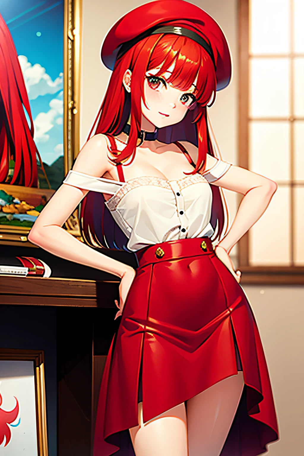 An anime girl with red hair and blue eyes wearing a skirt and an open shirt revealing a black and red bra