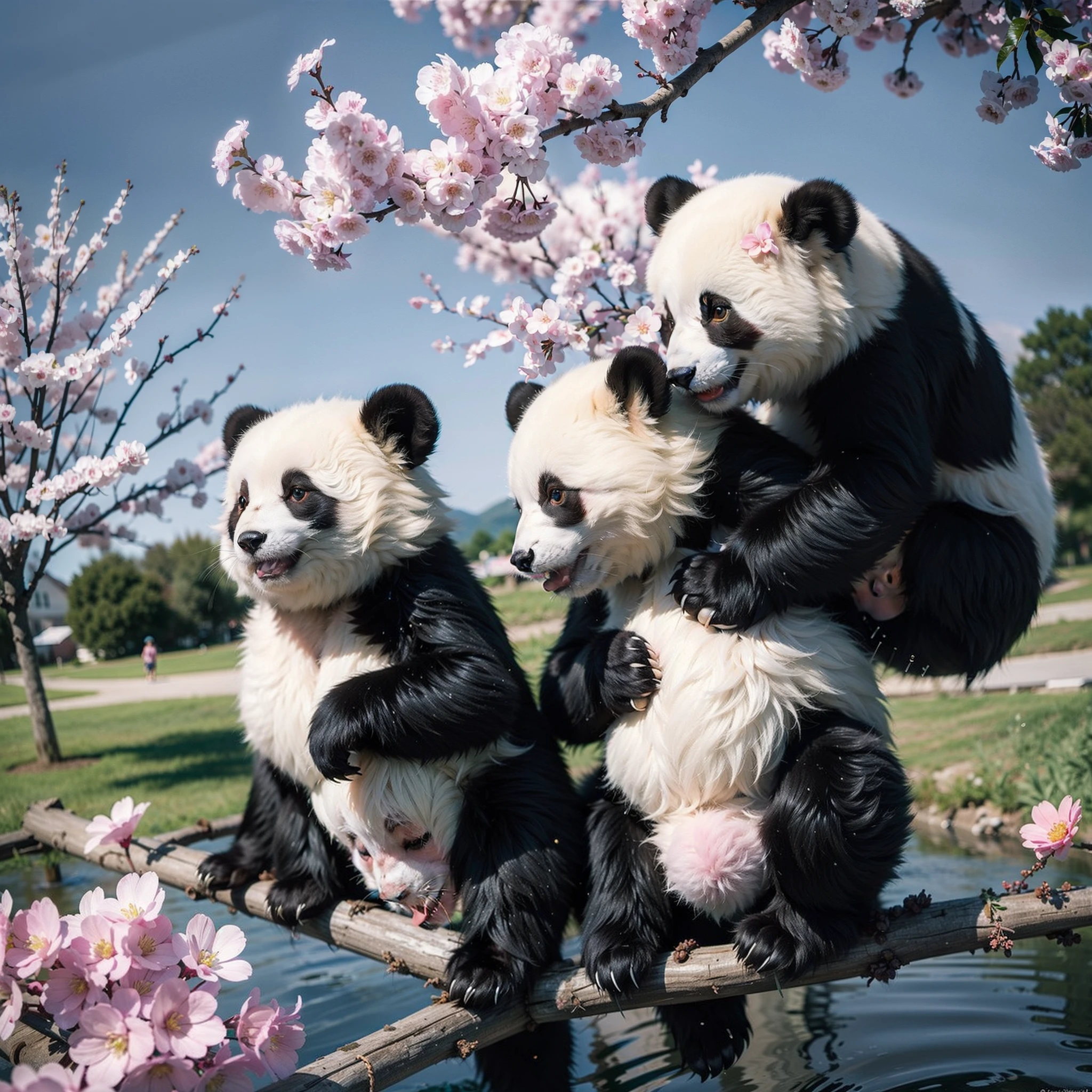 two adorable cute pandas with rainbow colored fur climbing a cherry tree, water color, masterpiece, blurred background like a camera.