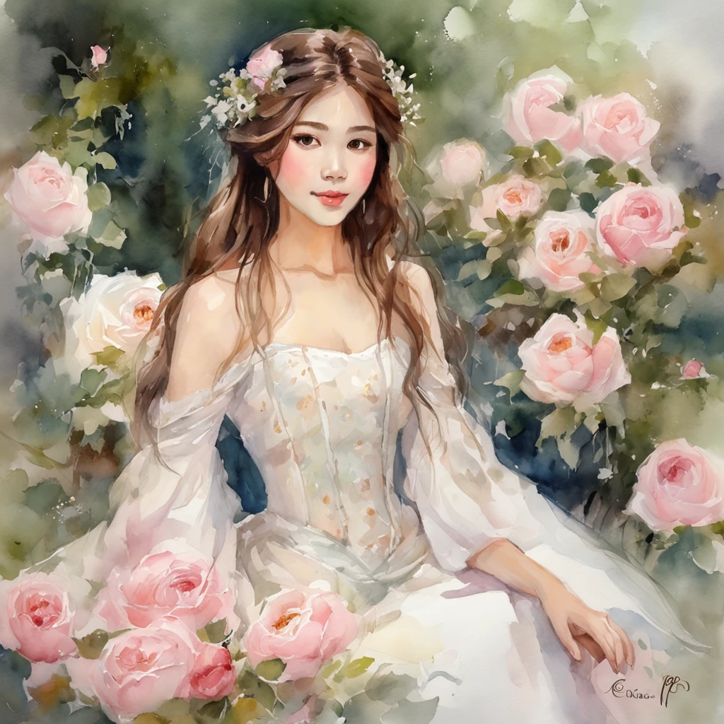 Impressionist art, Claude Monet, Teenage girl of the 21st century, Asian face frame with brown hair sweet like a princess, Wearing a modern style white wedding dress in a pink rose garden, masutepiece, non blurry. Beautiful lighting HD resolution